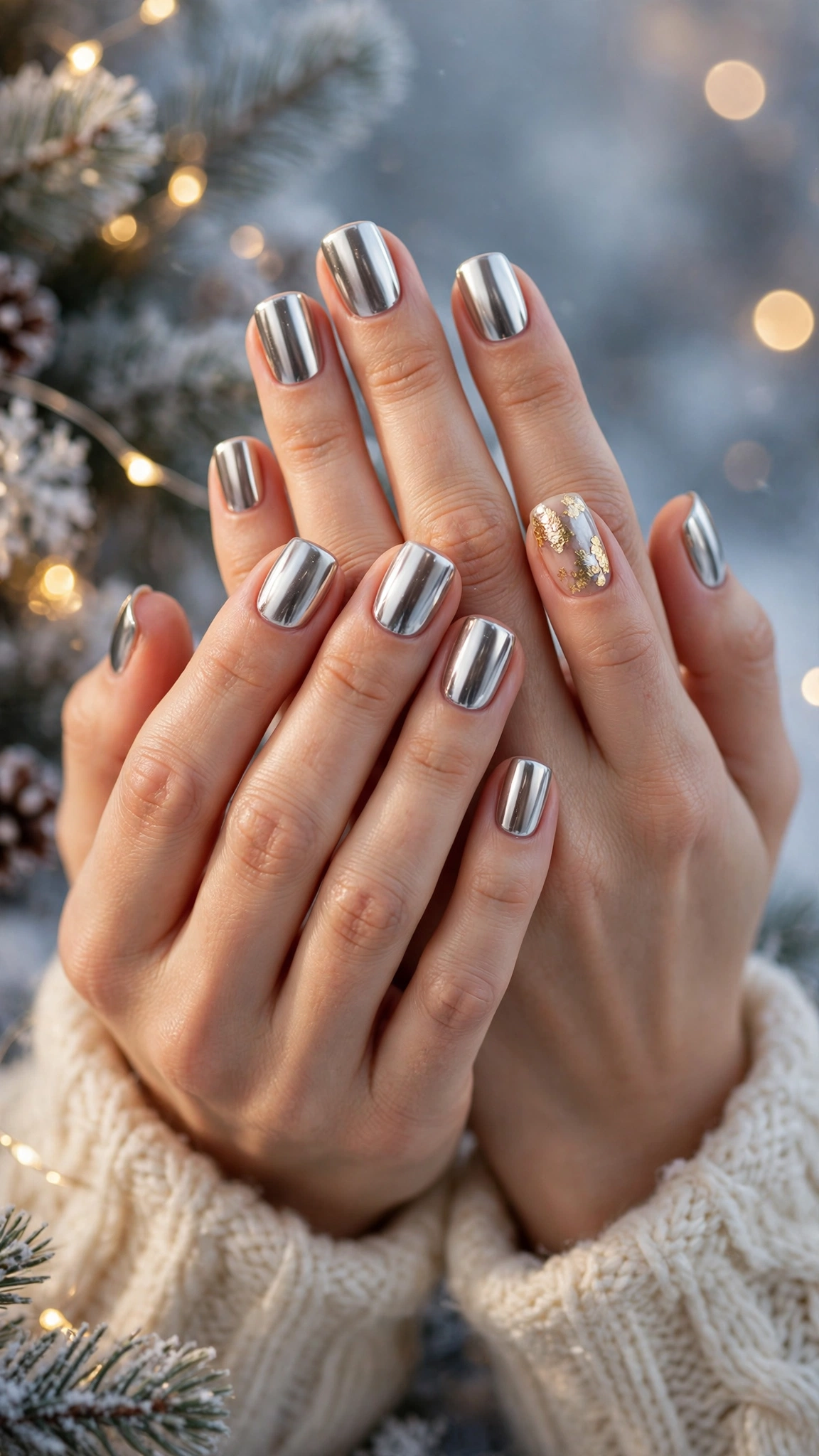 Gold Chrome Almond Nails For New Year Celebrations On Soft Square Nails With Mirror Chrome Shine And A Single Gold Leaf Accent Nail (Variation 9)