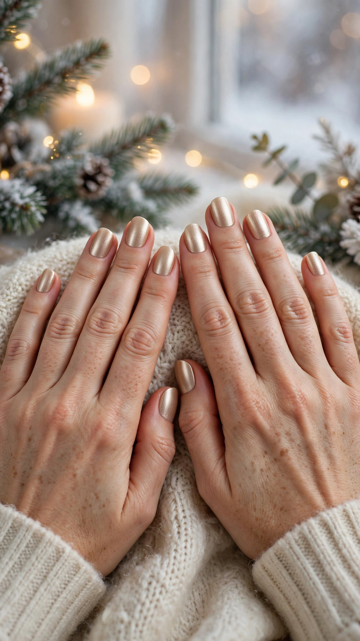 Gold Chrome Almond Nails For New Year Celebrations On Short Oval Nails With A Satin Chrome Effect And A Champagne Shimmer Accent (Variation 11)