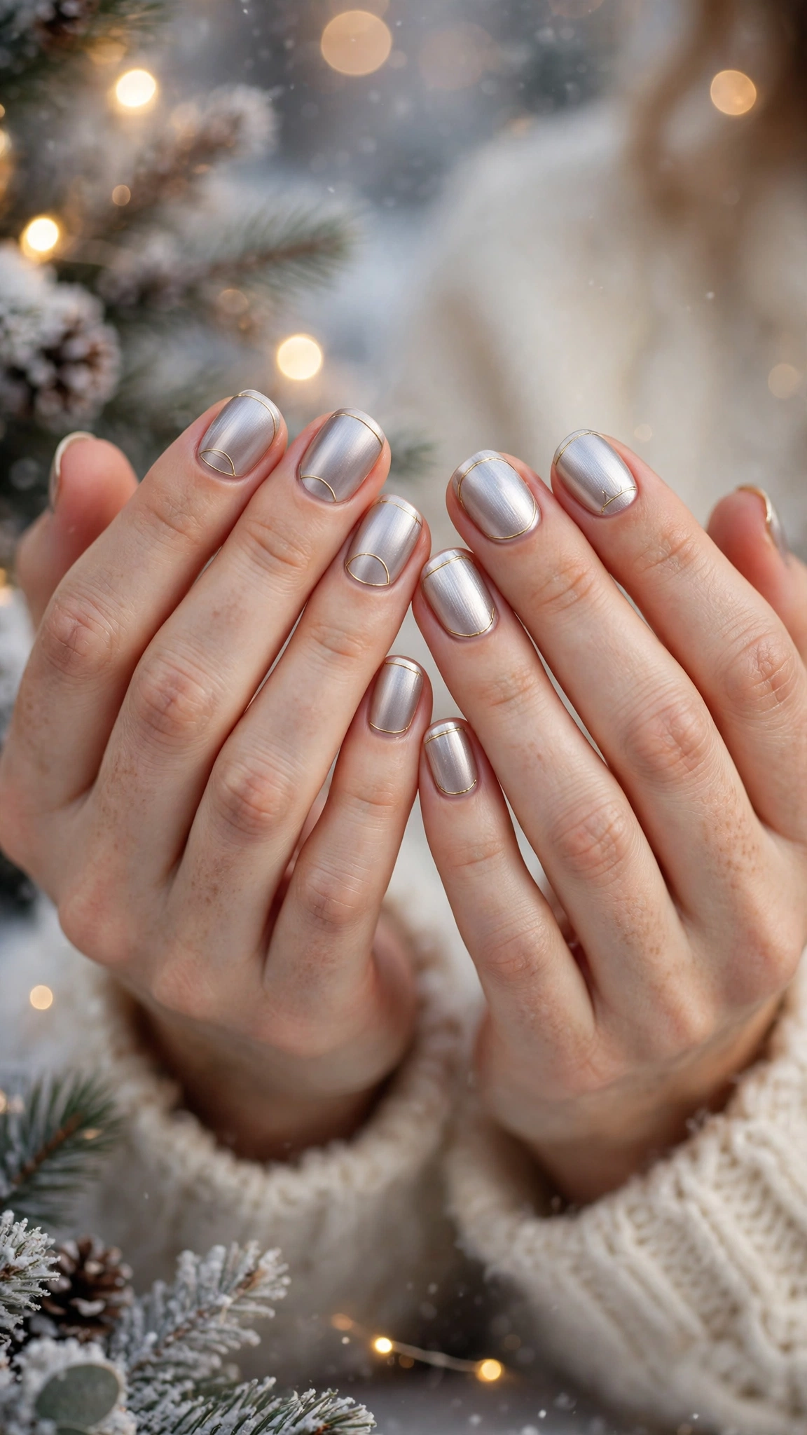 Gold Chrome Almond Nails For New Year Celebrations On Rounded Nails With A Soft Brushed Chrome Glow And Minimal Gold Line Art (Variation 12)