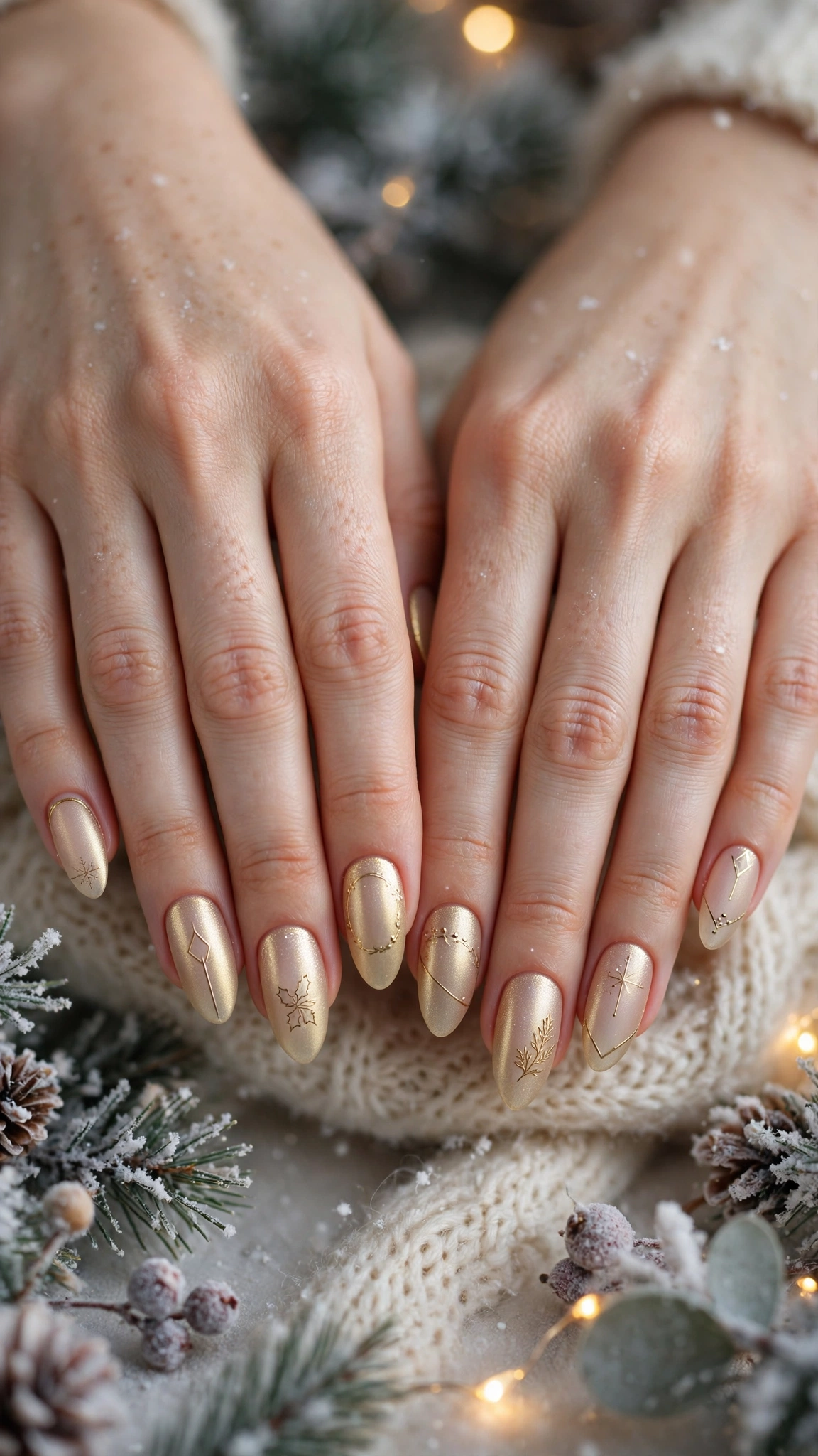 Gold Chrome Almond Nails For New Year Celebrations On Long Almond Nails With A Frosted Gold Glow And Minimal Gold Line Art