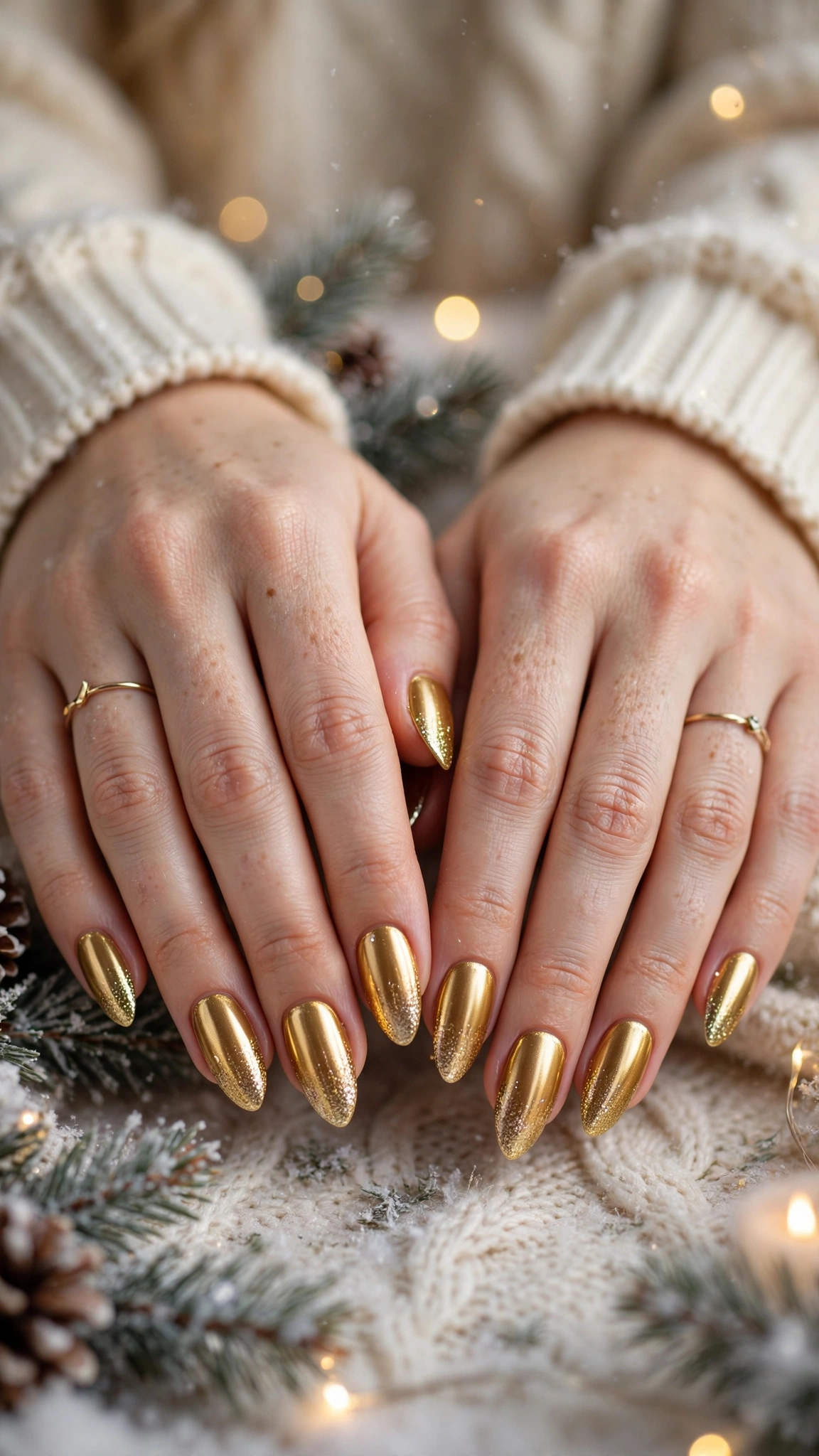 Gold Chrome Almond Nails For New Year Celebrations On Almond Nails With A Molten Gold Finish And A Gold Glitter Gradient Tip