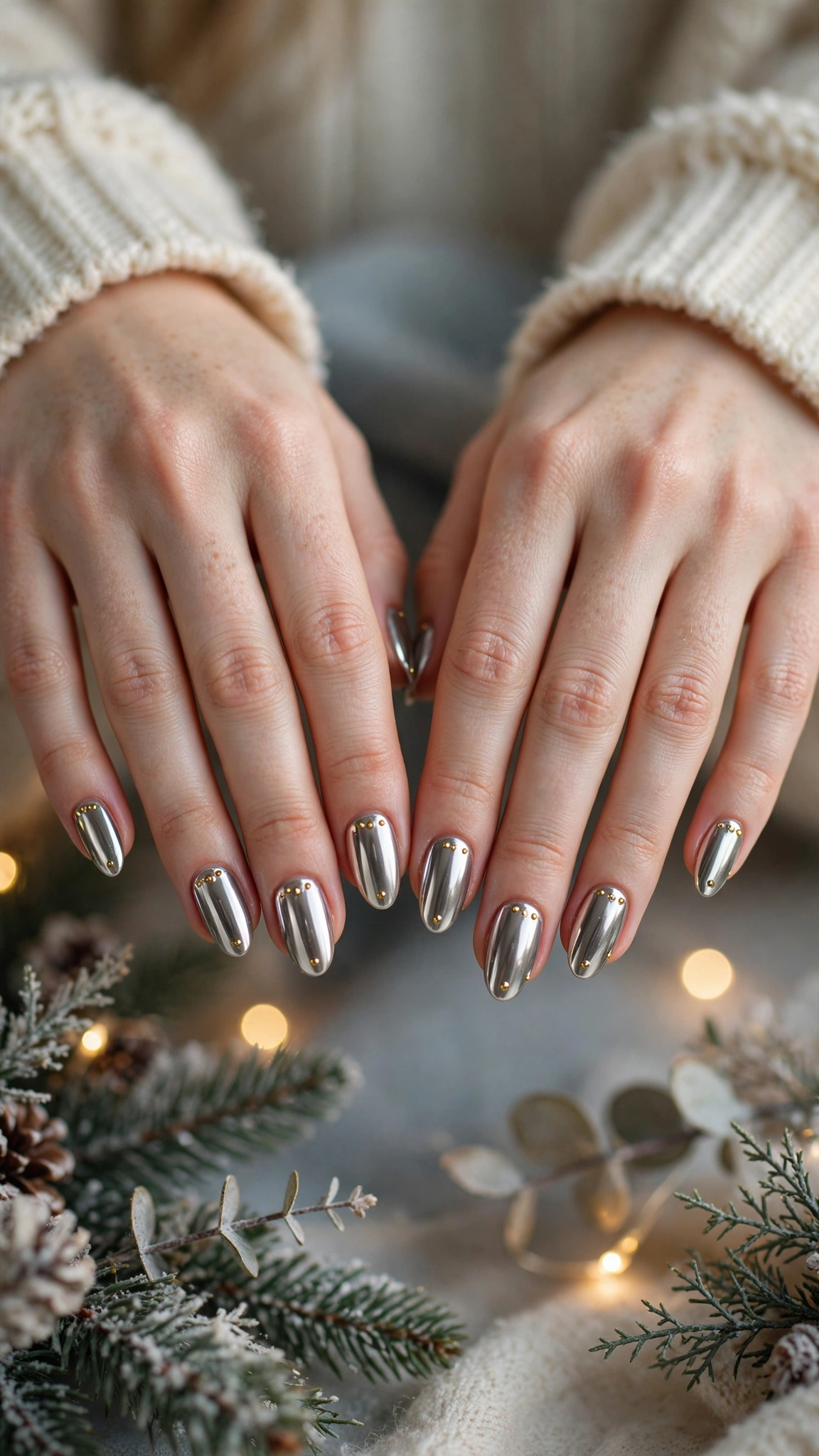 Gold Chrome Almond Nails For New Year Celebrations On Medium Almond Nails With A High-Shine Chrome Finish And Tiny Gold Stud Details