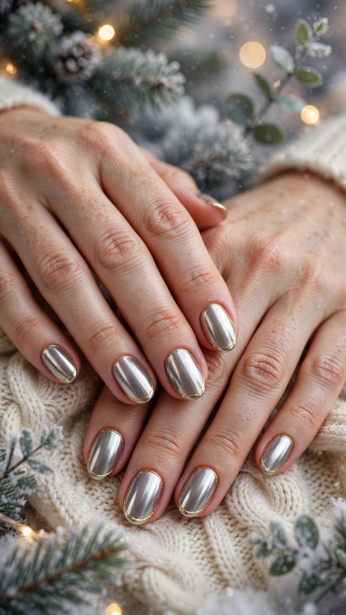 Gold Chrome Almond Nails For New Year Celebrations On Natural Oval Nails With A Liquid-Metal Shine And A Thin Gold French Edge