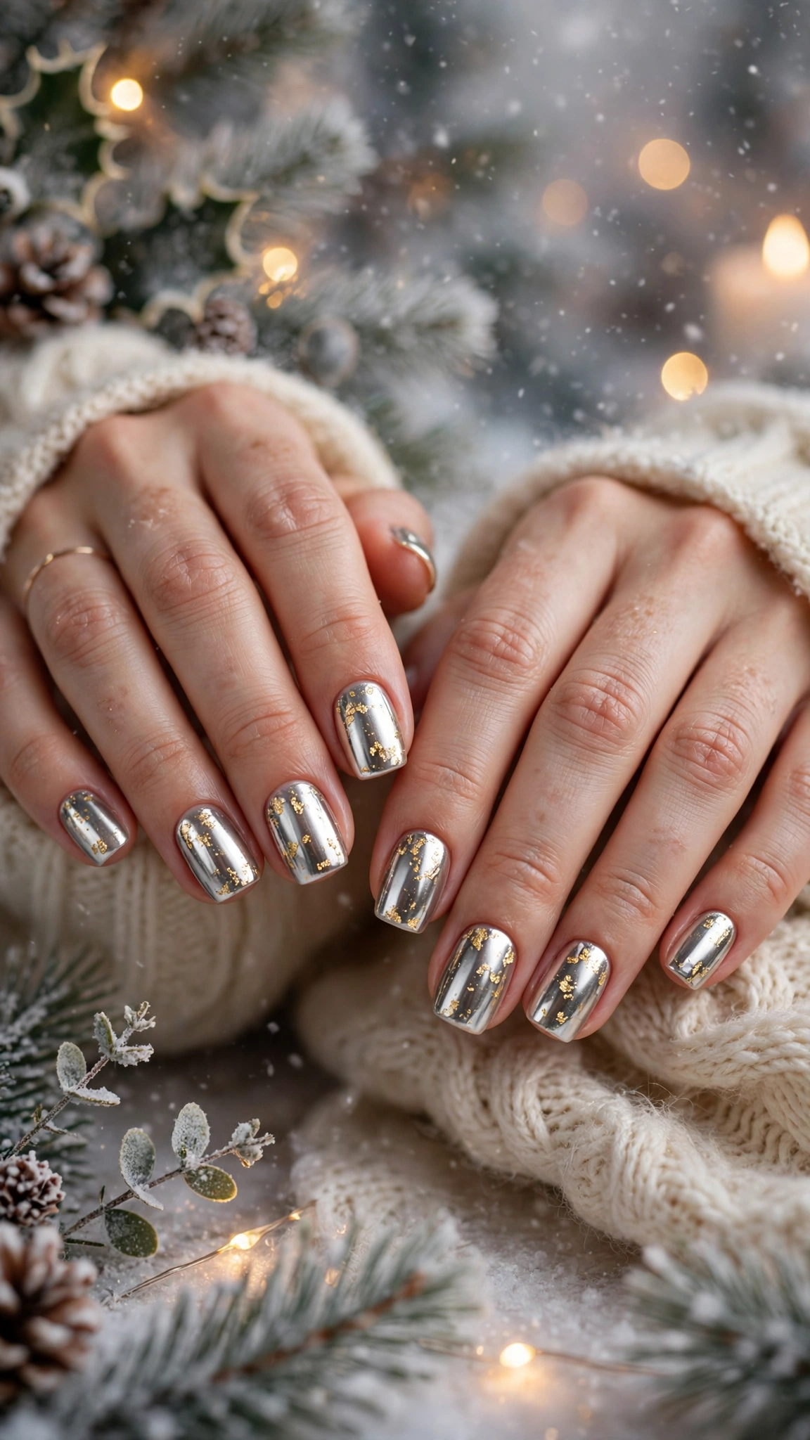 Gold Chrome Almond Nails For New Year Celebrations On Soft Square Nails With Mirror Chrome Shine And Delicate Gold Foil Flakes