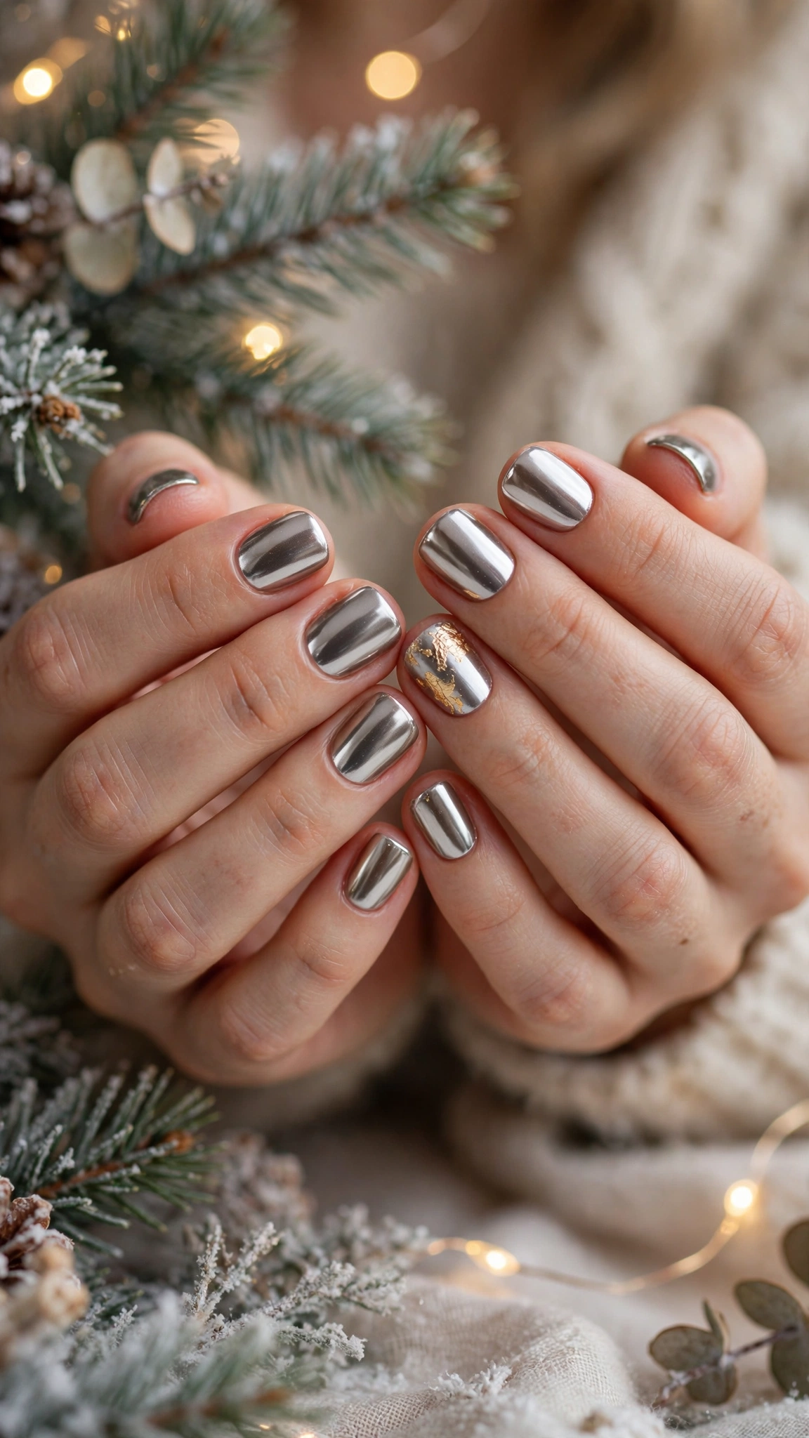 Gold Chrome Almond Nails For New Year Celebrations On Short Squoval Nails With A Luxe Polished Chrome And A Single Gold Leaf Accent Nail