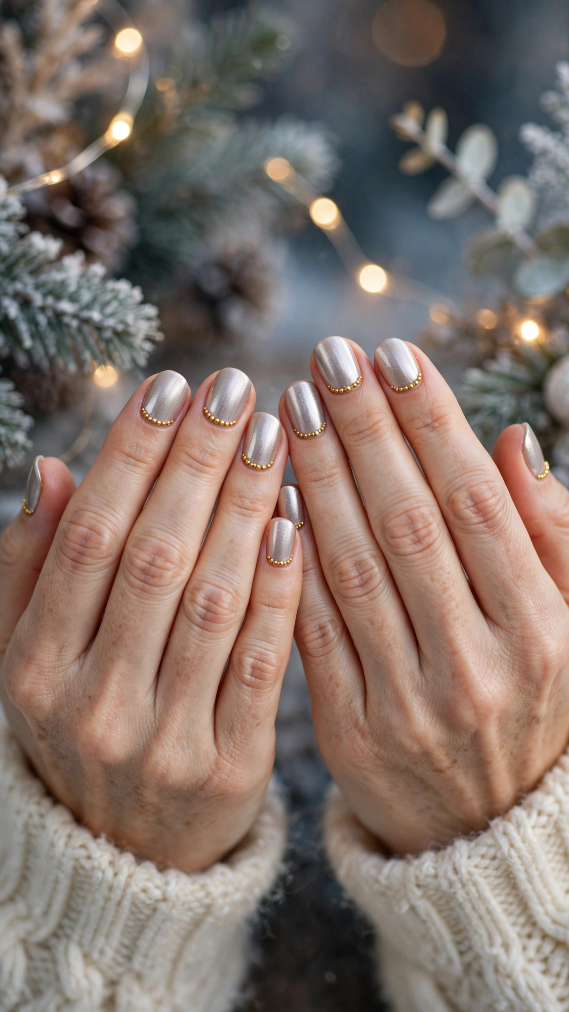 Gold Chrome Almond Nails For New Year Celebrations On Short Oval Nails With A Satin Chrome Effect And Gold Micro-Bead Details