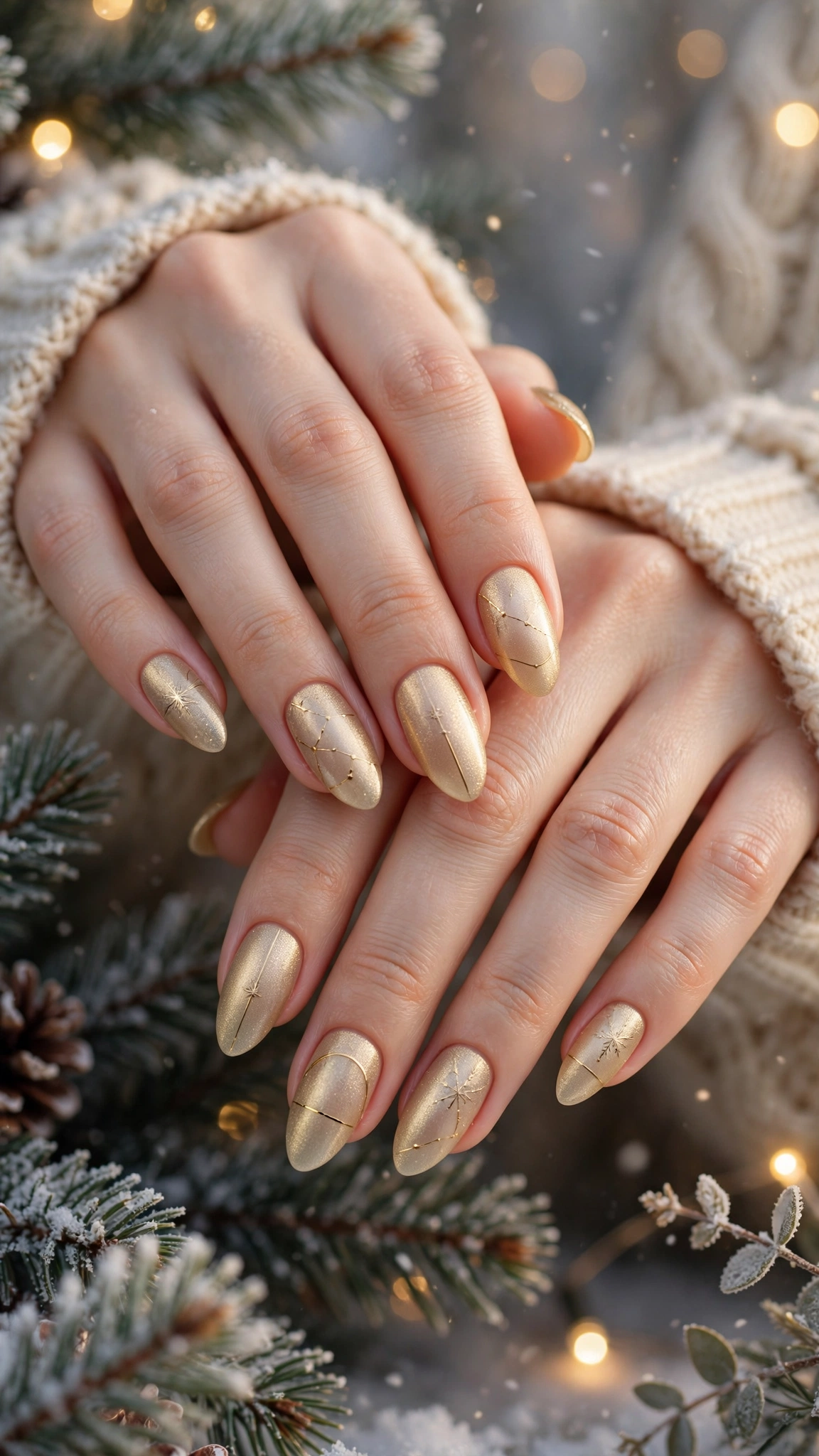 Gold Chrome Almond Nails For New Year Celebrations On Long Almond Nails With A Frosted Gold Glow And Minimal Gold Line Art (Variation 21)