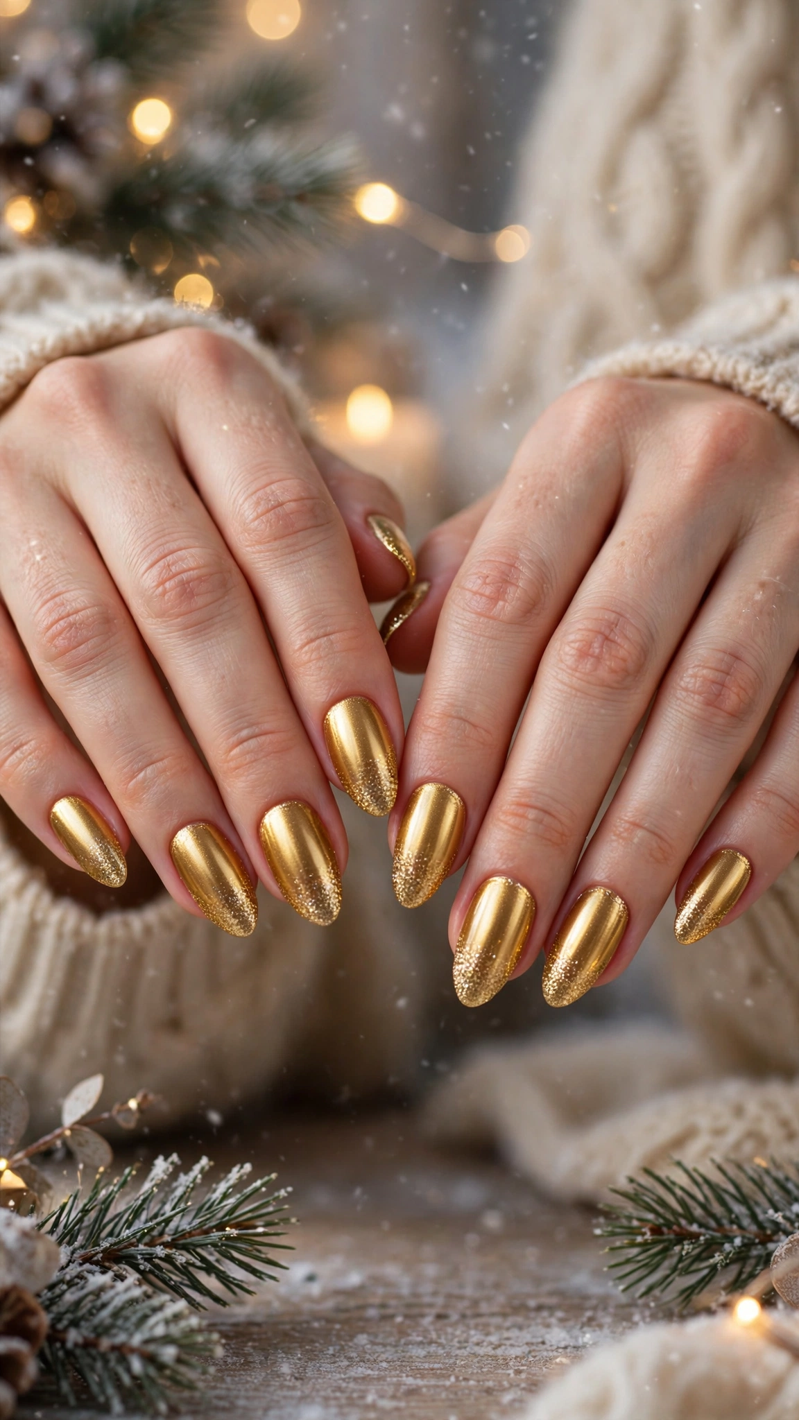 Gold Chrome Almond Nails For New Year Celebrations On Almond Nails With A Molten Gold Finish And A Gold Glitter Gradient Tip (Variation 22)