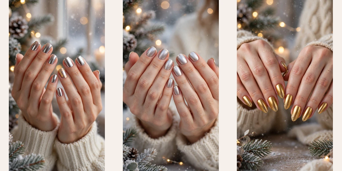 22 gold chrome almond nails for New Year celebrations
