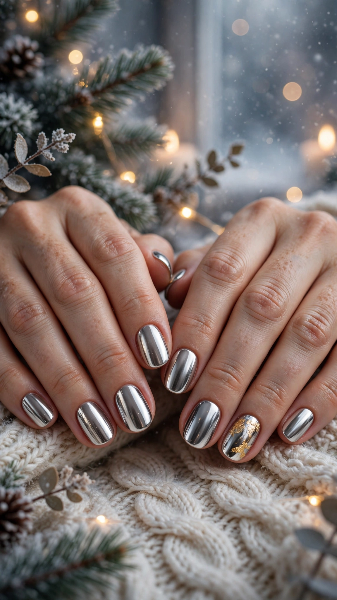 Gold Chrome French Tip Nails For Holiday Dinners On Short Oval Nails With A High-Shine Chrome Finish And A Single Gold Leaf Accent Nail