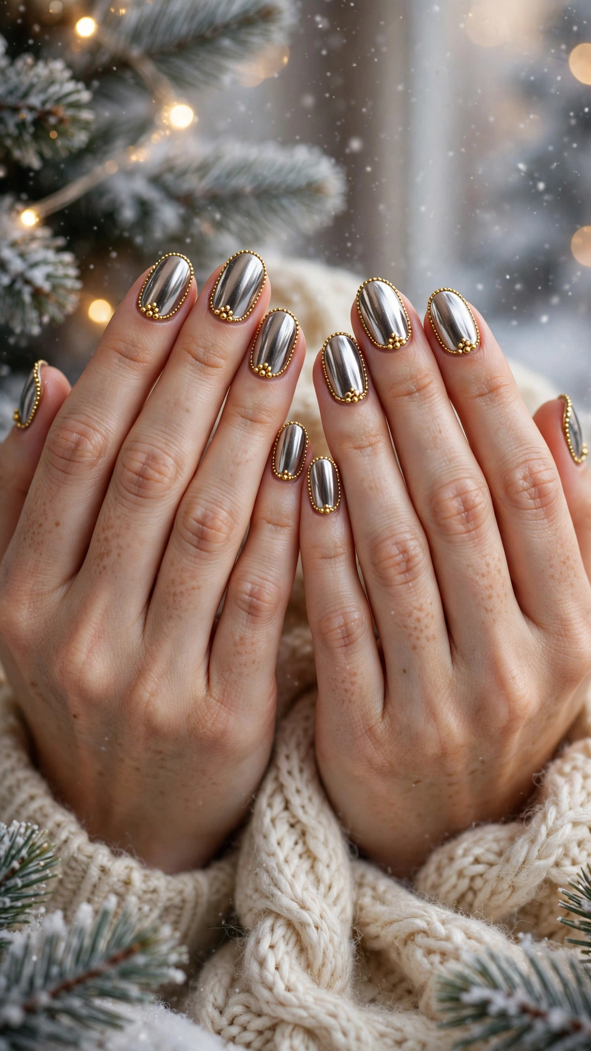 Gold Chrome French Tip Nails For Holiday Dinners On Rounded Nails With A Liquid-Metal Shine And Gold Micro-Bead Details
