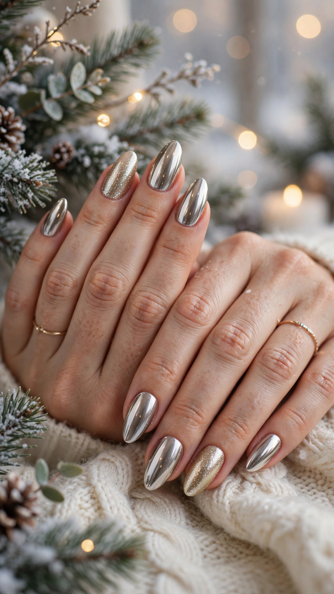 Gold Chrome French Tip Nails For Holiday Dinners On Long Almond Nails With Mirror Chrome Shine And A Champagne Shimmer Accent
