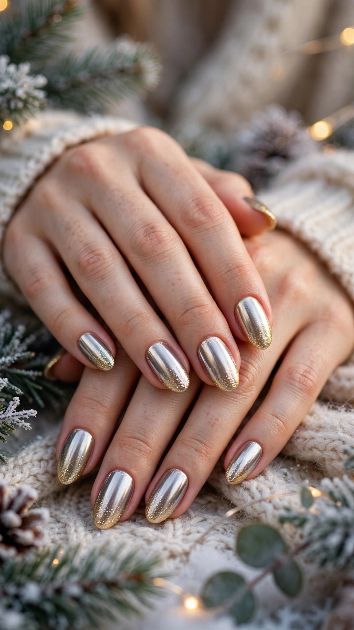 Gold Chrome French Tip Nails For Holiday Dinners On Medium Almond Nails With A Satin Chrome Effect And A Gold Glitter Gradient Tip