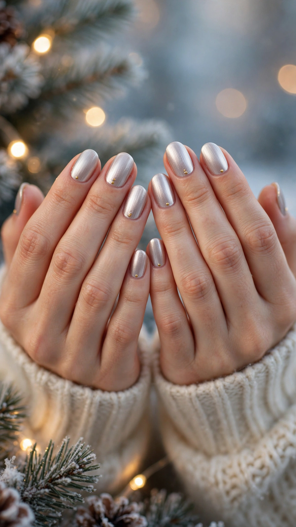 Gold Chrome French Tip Nails For Holiday Dinners On Natural Oval Nails With A Soft Brushed Chrome Glow And Tiny Gold Stud Details