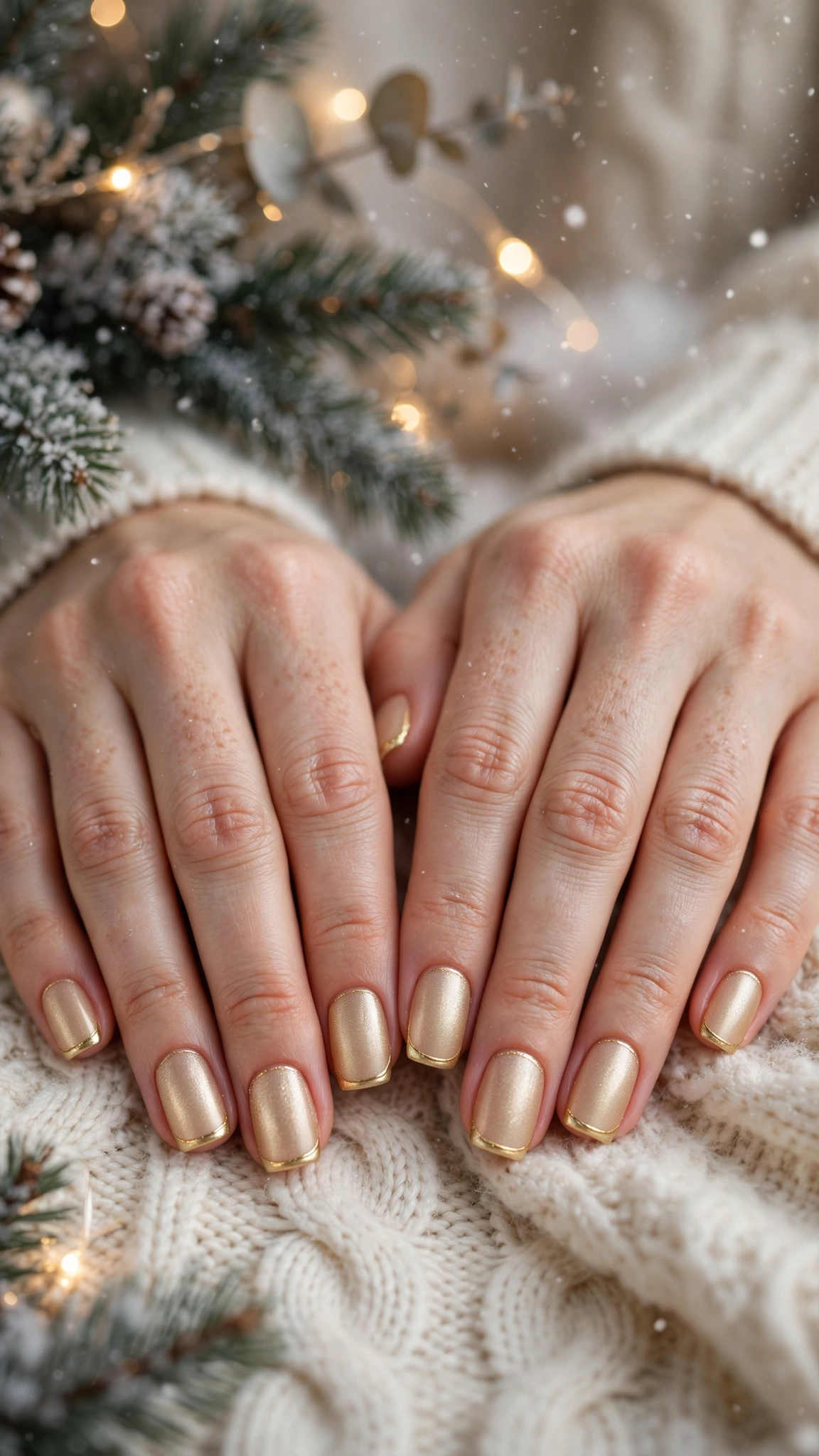 Gold Chrome French Tip Nails For Holiday Dinners On Soft Square Nails With A Frosted Gold Glow And A Thin Gold French Edge