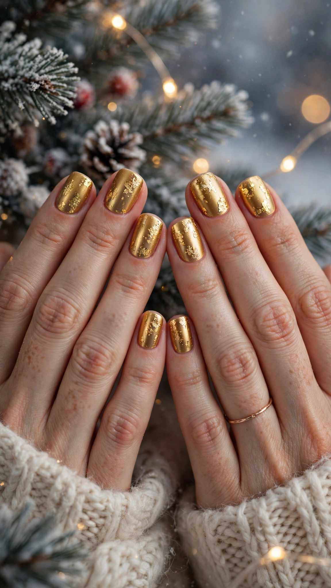 Gold Chrome French Tip Nails For Holiday Dinners On Short Squoval Nails With A Molten Gold Finish And Delicate Gold Foil Flakes