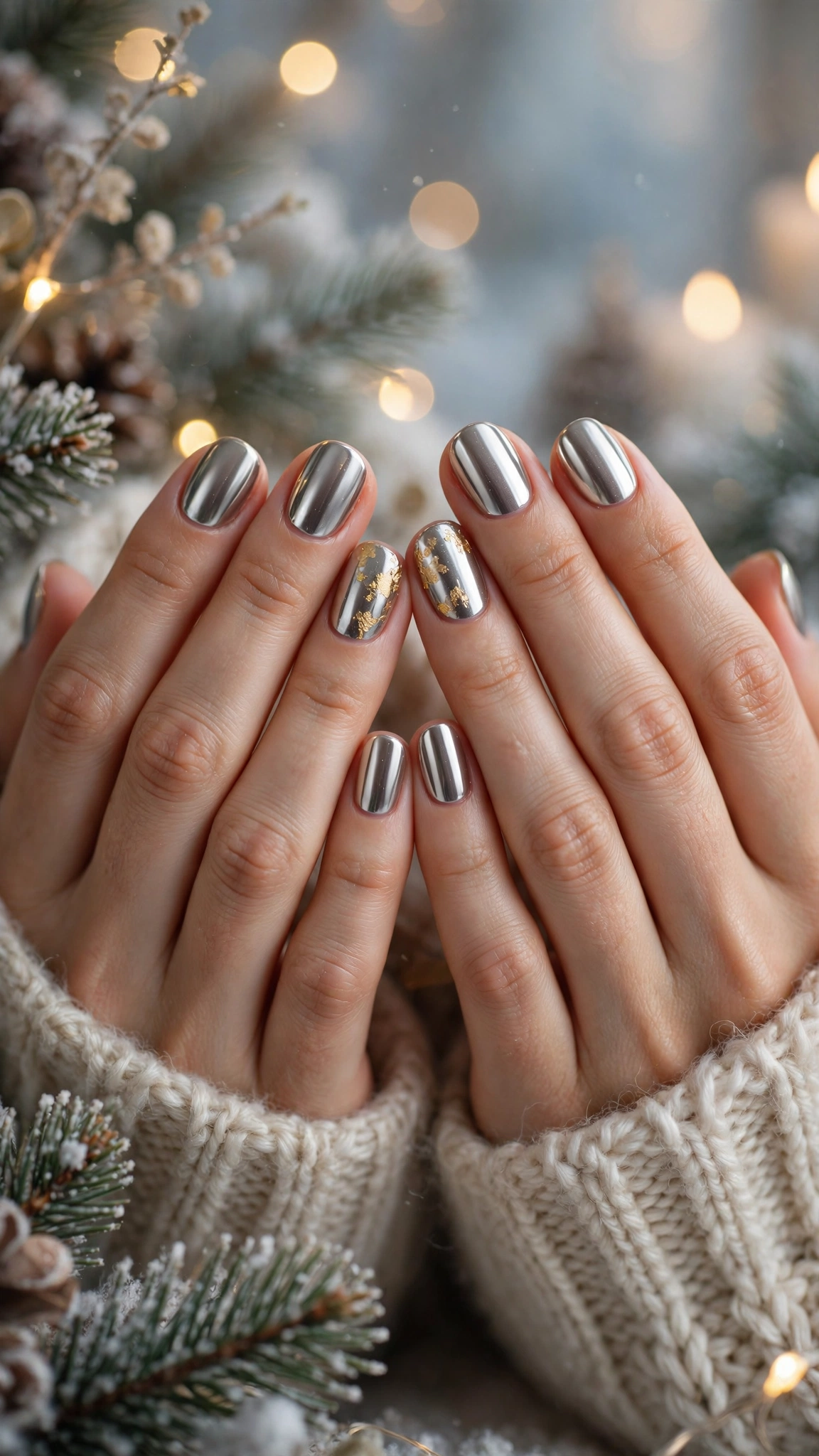 Gold Chrome French Tip Nails For Holiday Dinners On Short Oval Nails With A High-Shine Chrome Finish And A Single Gold Leaf Accent Nail (Variation 9)