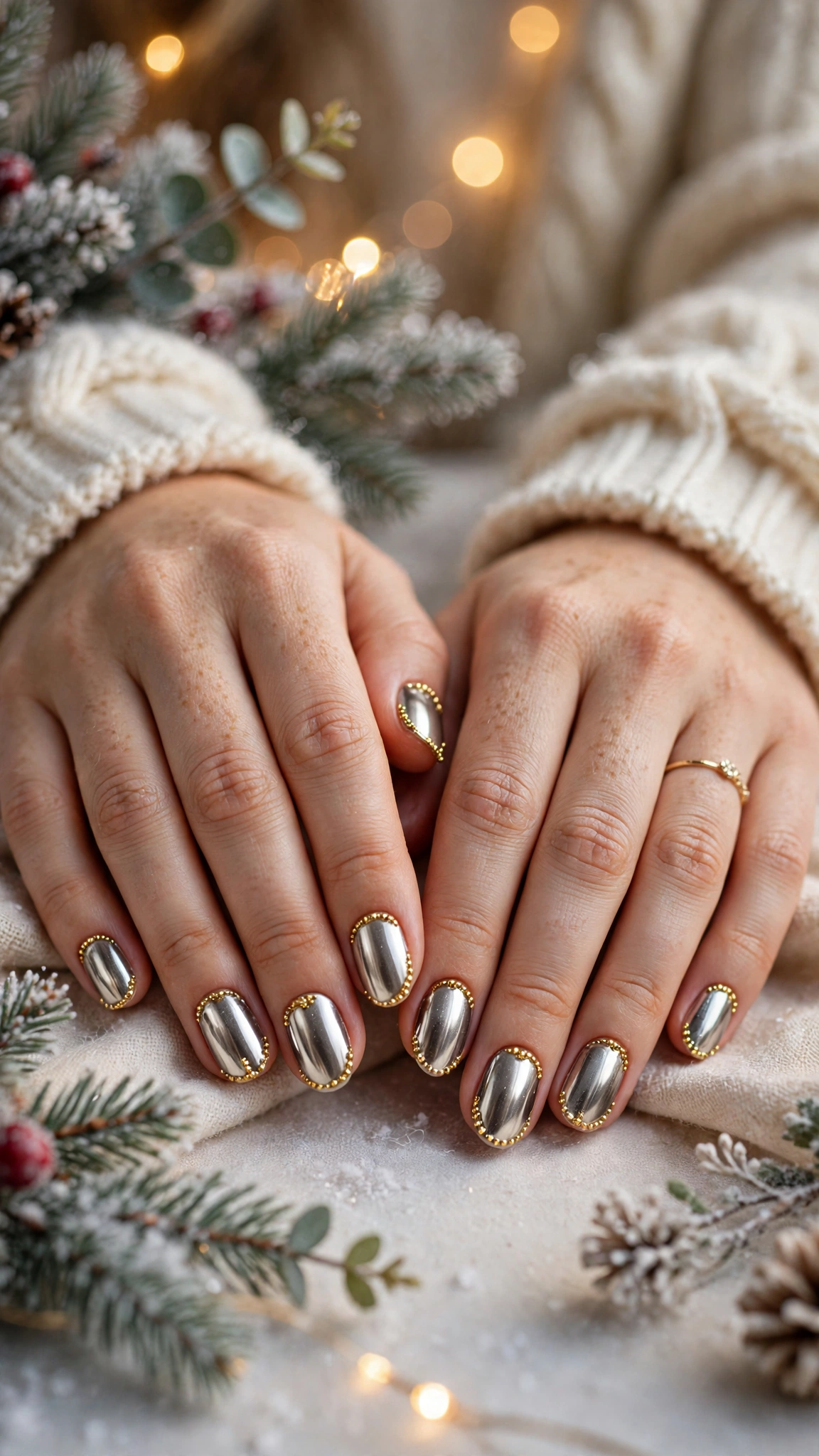 Gold Chrome French Tip Nails For Holiday Dinners On Rounded Nails With A Liquid-Metal Shine And Gold Micro-Bead Details (Variation 10)