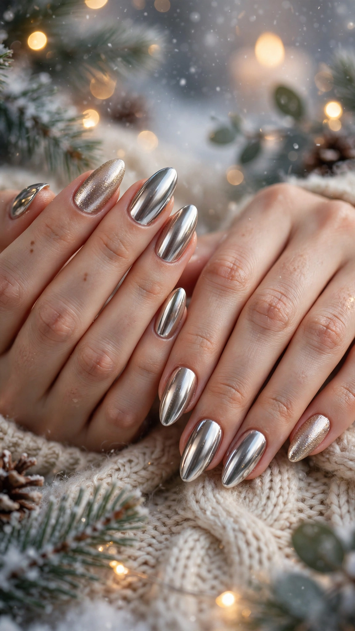 Gold Chrome French Tip Nails For Holiday Dinners On Long Almond Nails With Mirror Chrome Shine And A Champagne Shimmer Accent (Variation 11)
