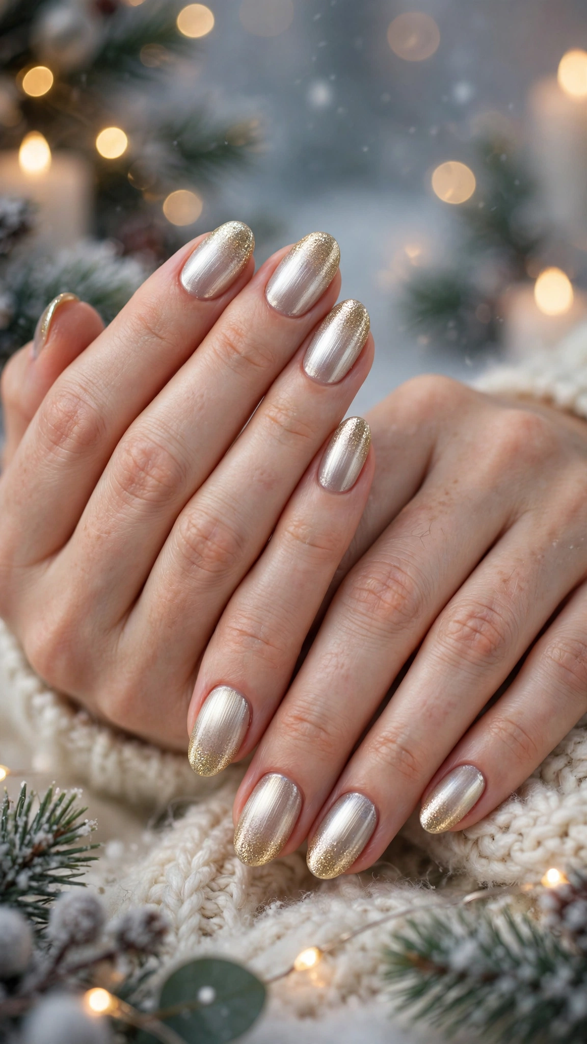 Gold Chrome French Tip Nails For Holiday Dinners On Natural Oval Nails With A Soft Brushed Chrome Glow And A Gold Glitter Gradient Tip