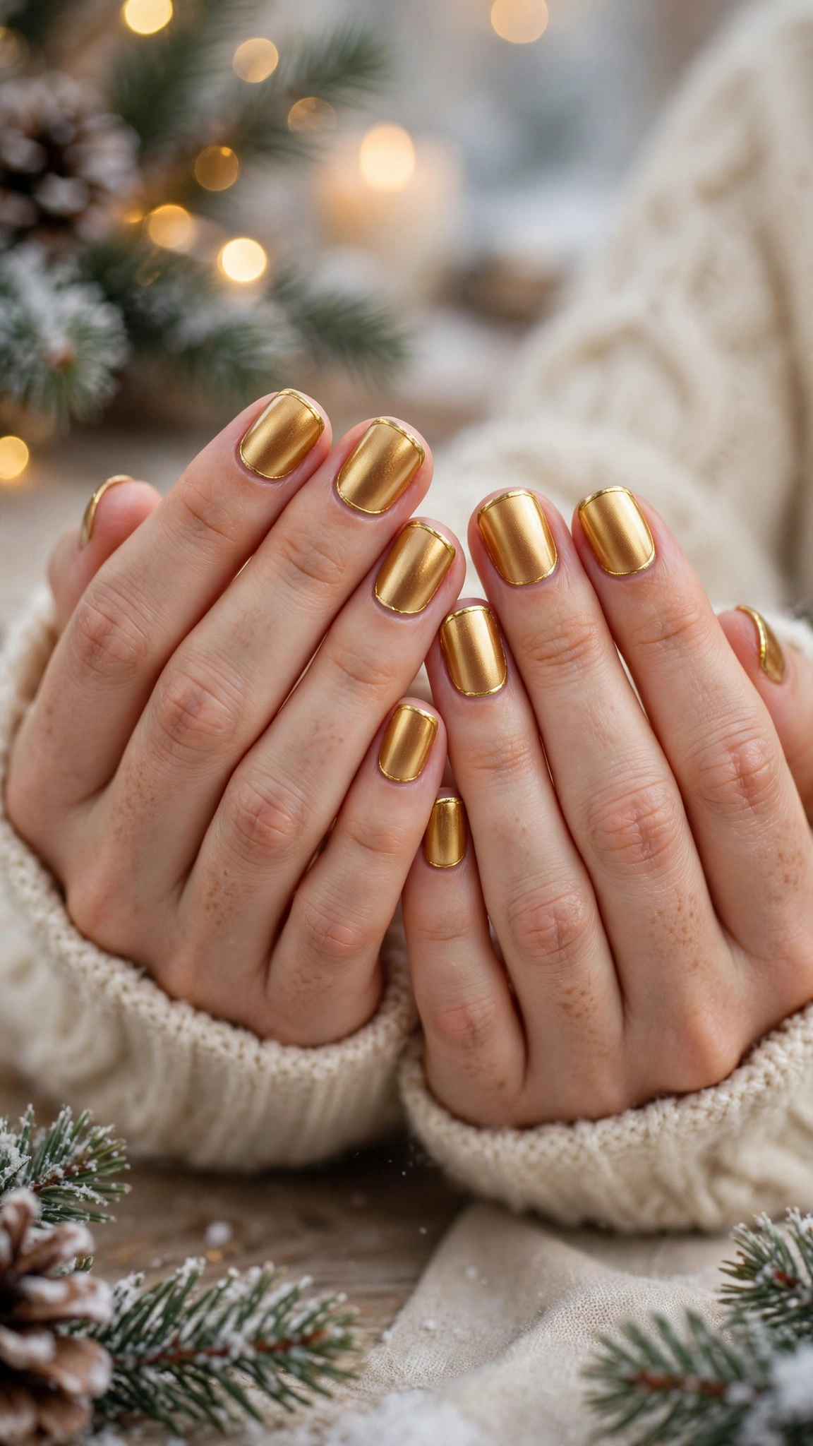 Gold Chrome French Tip Nails For Holiday Dinners On Short Squoval Nails With A Molten Gold Finish And A Thin Gold French Edge