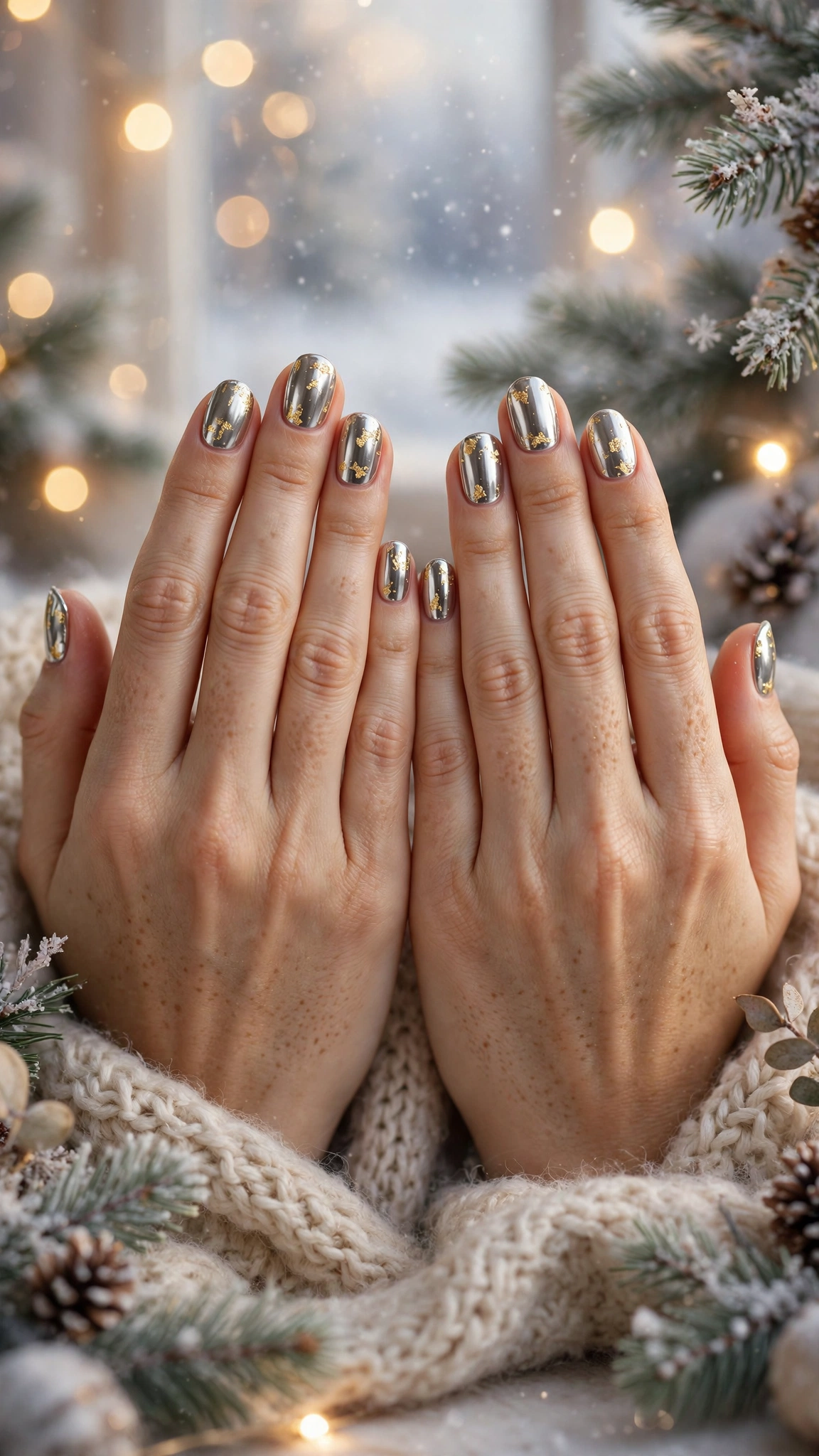 Gold Chrome French Tip Nails For Holiday Dinners On Short Oval Nails With A High-Shine Chrome Finish And Delicate Gold Foil Flakes