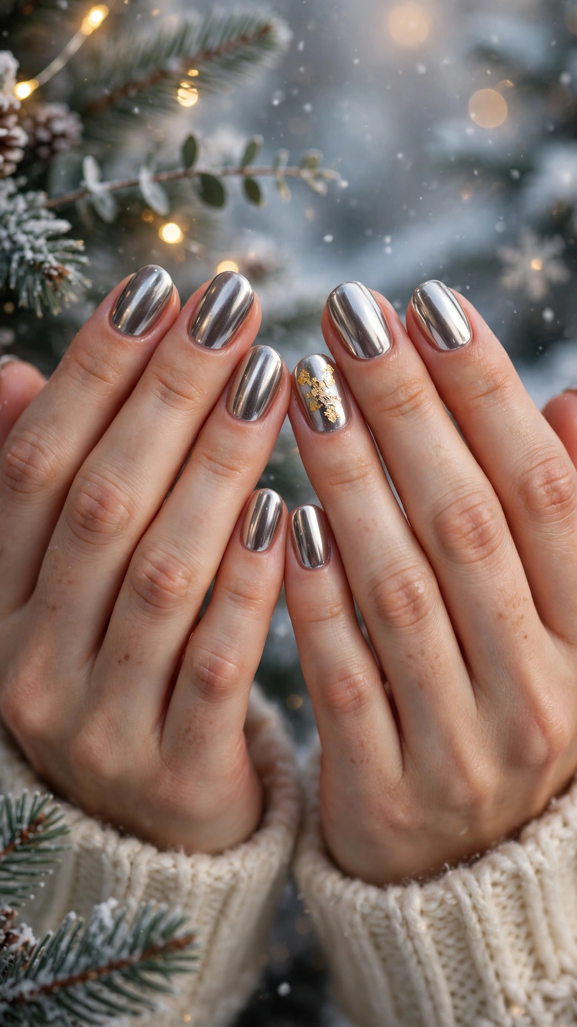 Gold Chrome French Tip Nails For Holiday Dinners On Rounded Nails With A Liquid-Metal Shine And A Single Gold Leaf Accent Nail