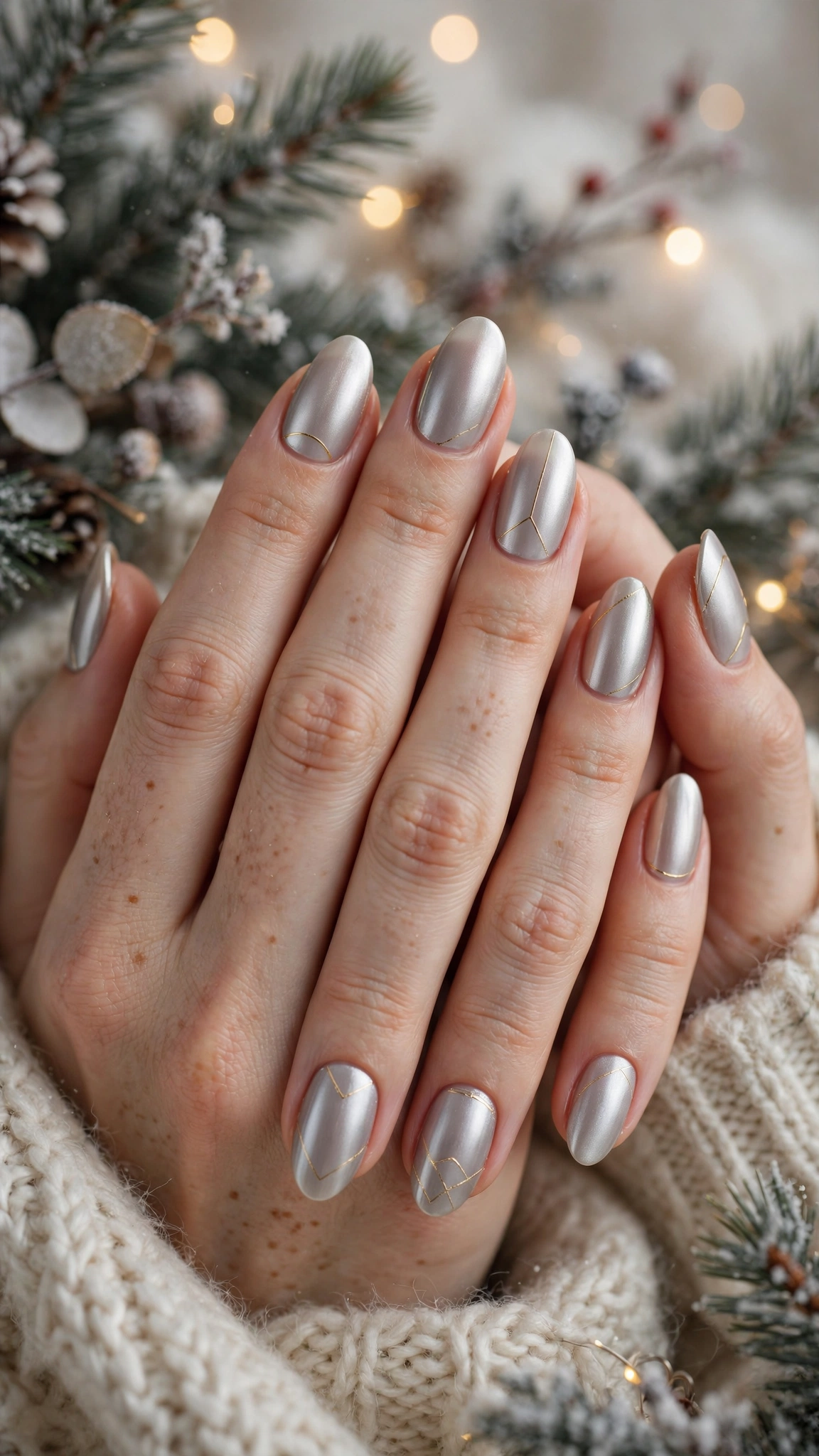 Gold Chrome French Tip Nails For Holiday Dinners On Medium Almond Nails With A Satin Chrome Effect And Minimal Gold Line Art (Variation 21)