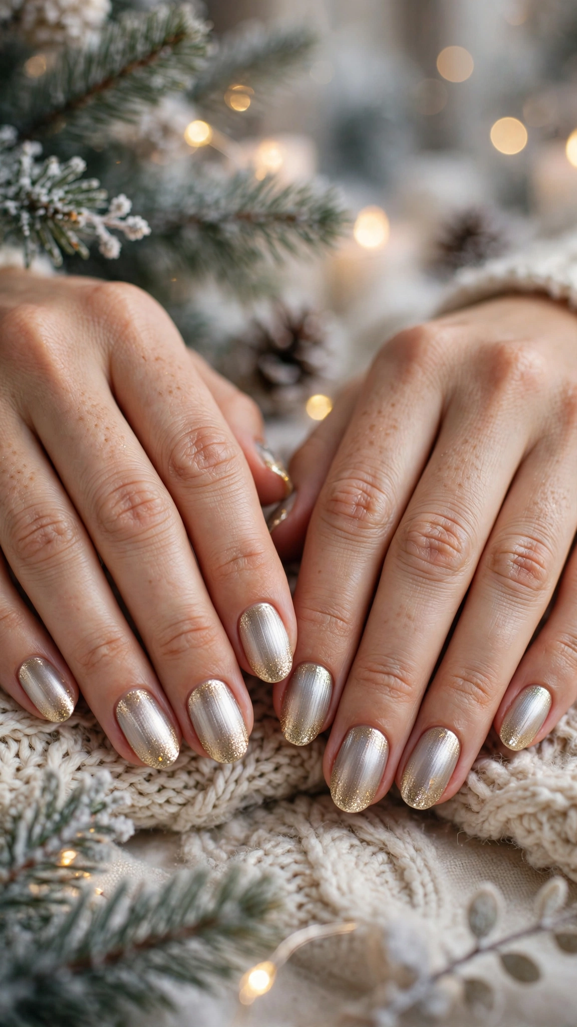 Gold Chrome French Tip Nails For Holiday Dinners On Natural Oval Nails With A Soft Brushed Chrome Glow And A Gold Glitter Gradient Tip (Variation 22)