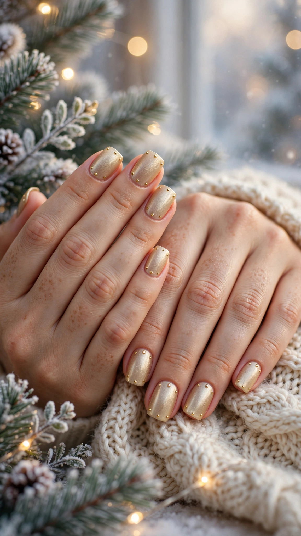 Gold Chrome French Tip Nails For Holiday Dinners On Soft Square Nails With A Frosted Gold Glow And Tiny Gold Stud Details (Variation 23)