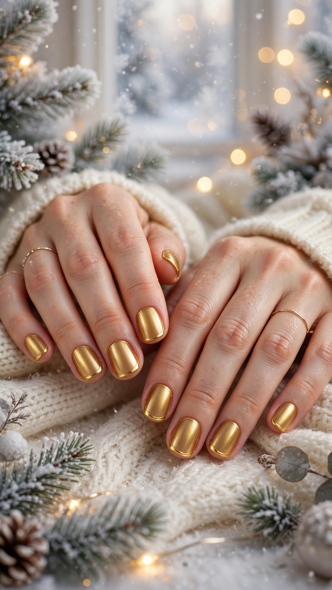 Gold Chrome French Tip Nails For Holiday Dinners On Short Squoval Nails With A Molten Gold Finish And A Thin Gold French Edge (Variation 24)