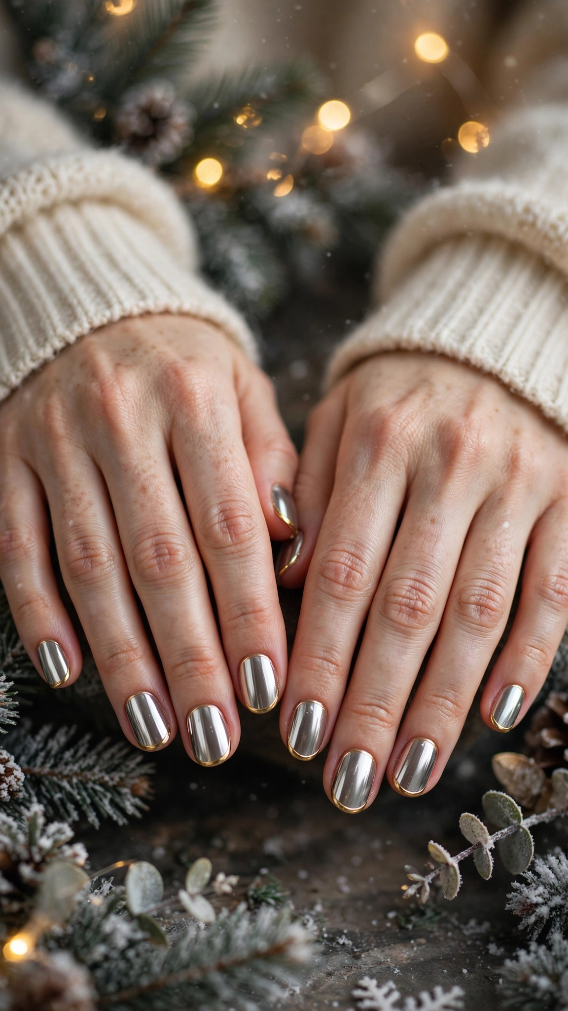 Gold Chrome French Tip Nails For Holiday Dinners On Short Oval Nails With A High-Shine Chrome Finish And A Thin Gold French Edge