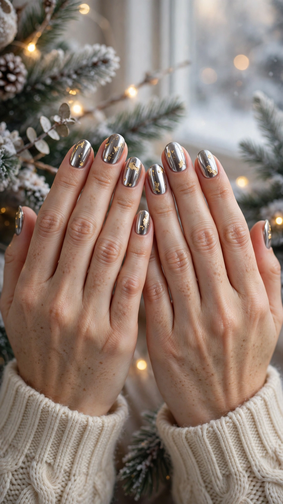 Gold Chrome French Tip Nails For Holiday Dinners On Rounded Nails With A Liquid-Metal Shine And Delicate Gold Foil Flakes