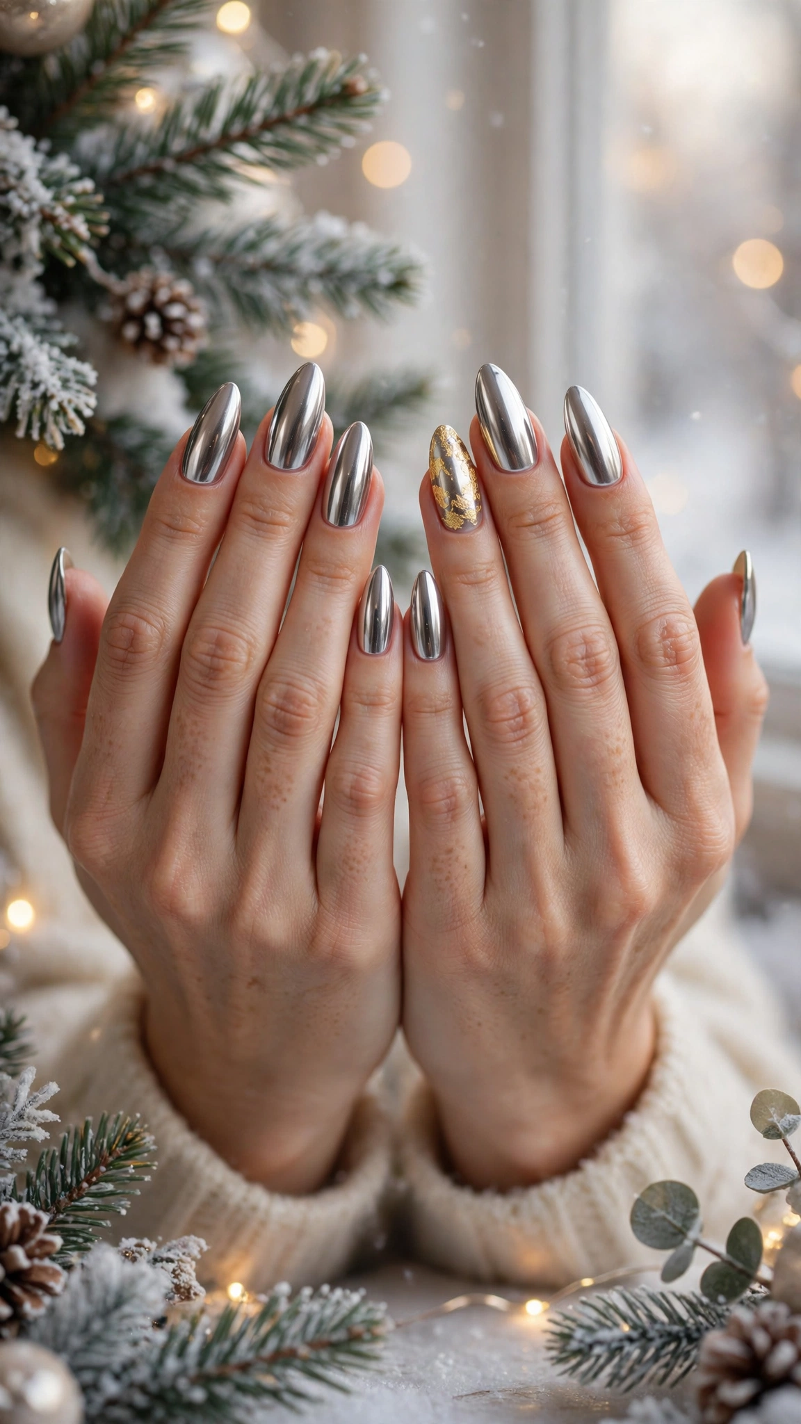 Gold Chrome French Tip Nails For Holiday Dinners On Long Almond Nails With Mirror Chrome Shine And A Single Gold Leaf Accent Nail