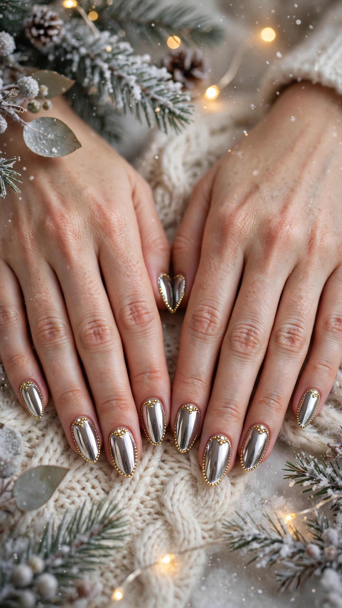 Gold Chrome French Tip Nails For Holiday Dinners On Almond Nails With A Luxe Polished Chrome And Gold Micro-Bead Details
