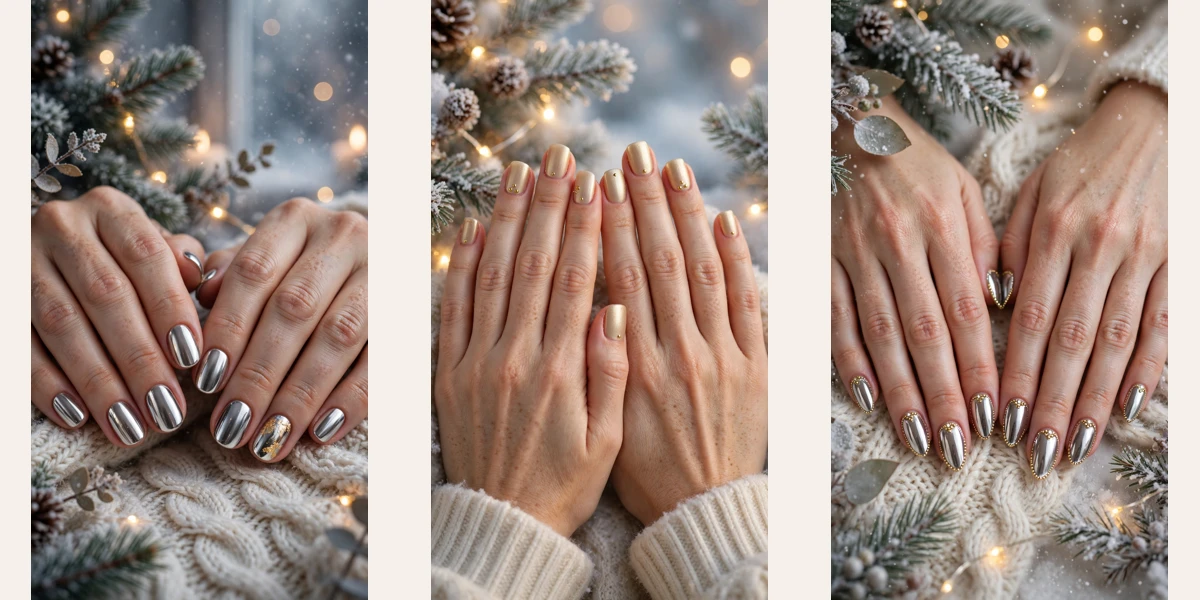 28 gold chrome French tip nails for holiday dinners