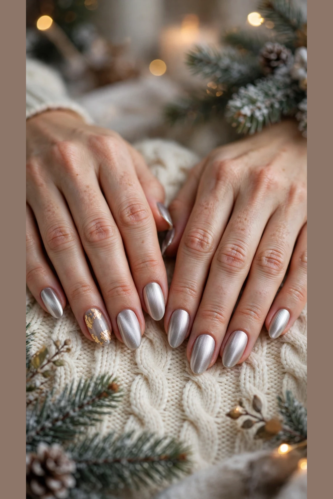 Gold Chrome Nail Designs For Winter Parties With Short Oval Nails On Almond Nails With A Soft Brushed Chrome Glow And A Single Gold Leaf Accent Nail