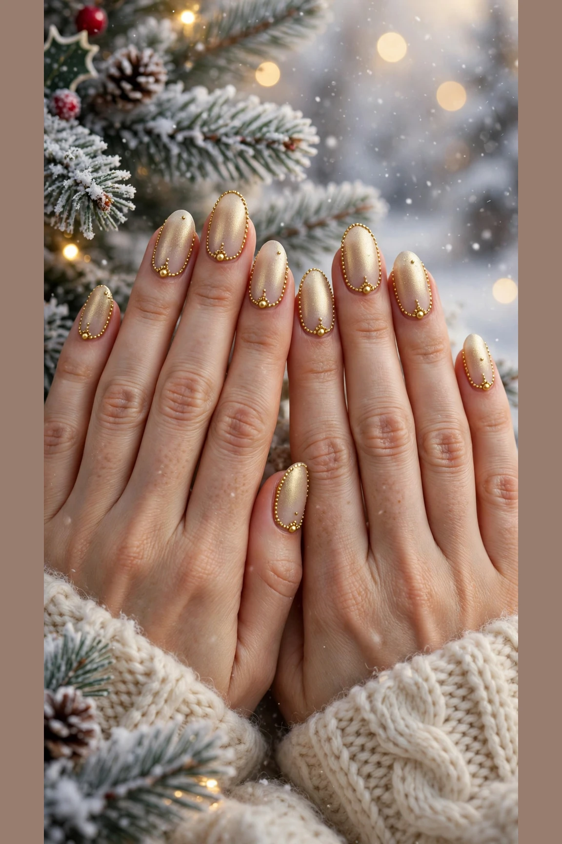 Gold Chrome Nail Designs For Winter Parties With Short Oval Nails On Medium Almond Nails With A Frosted Gold Glow And Gold Micro-Bead Details