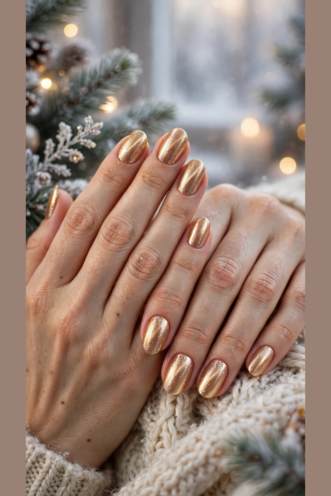 Gold Chrome Nail Designs For Winter Parties With Short Oval Nails On Natural Oval Nails With A Molten Gold Finish And A Champagne Shimmer Accent