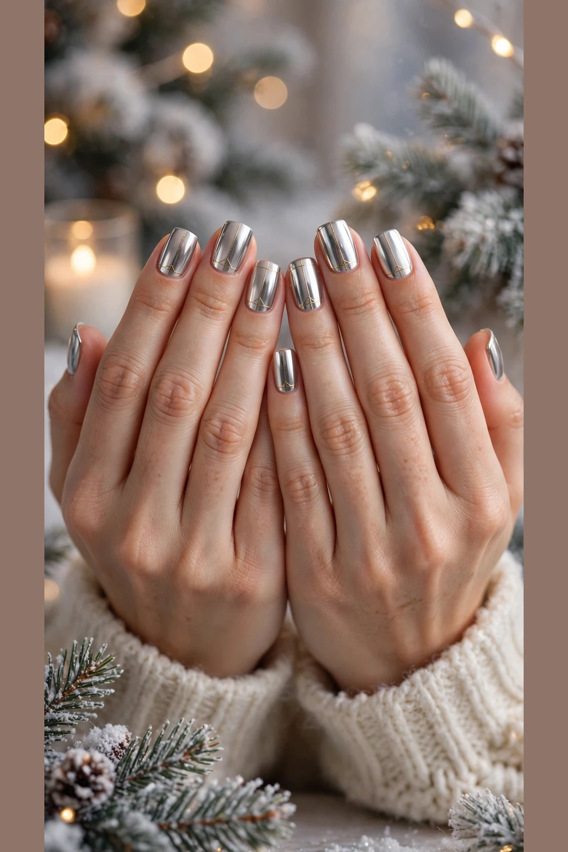 Gold Chrome Nail Designs For Winter Parties With Short Oval Nails On Soft Square Nails With A High-Shine Chrome Finish And Minimal Gold Line Art