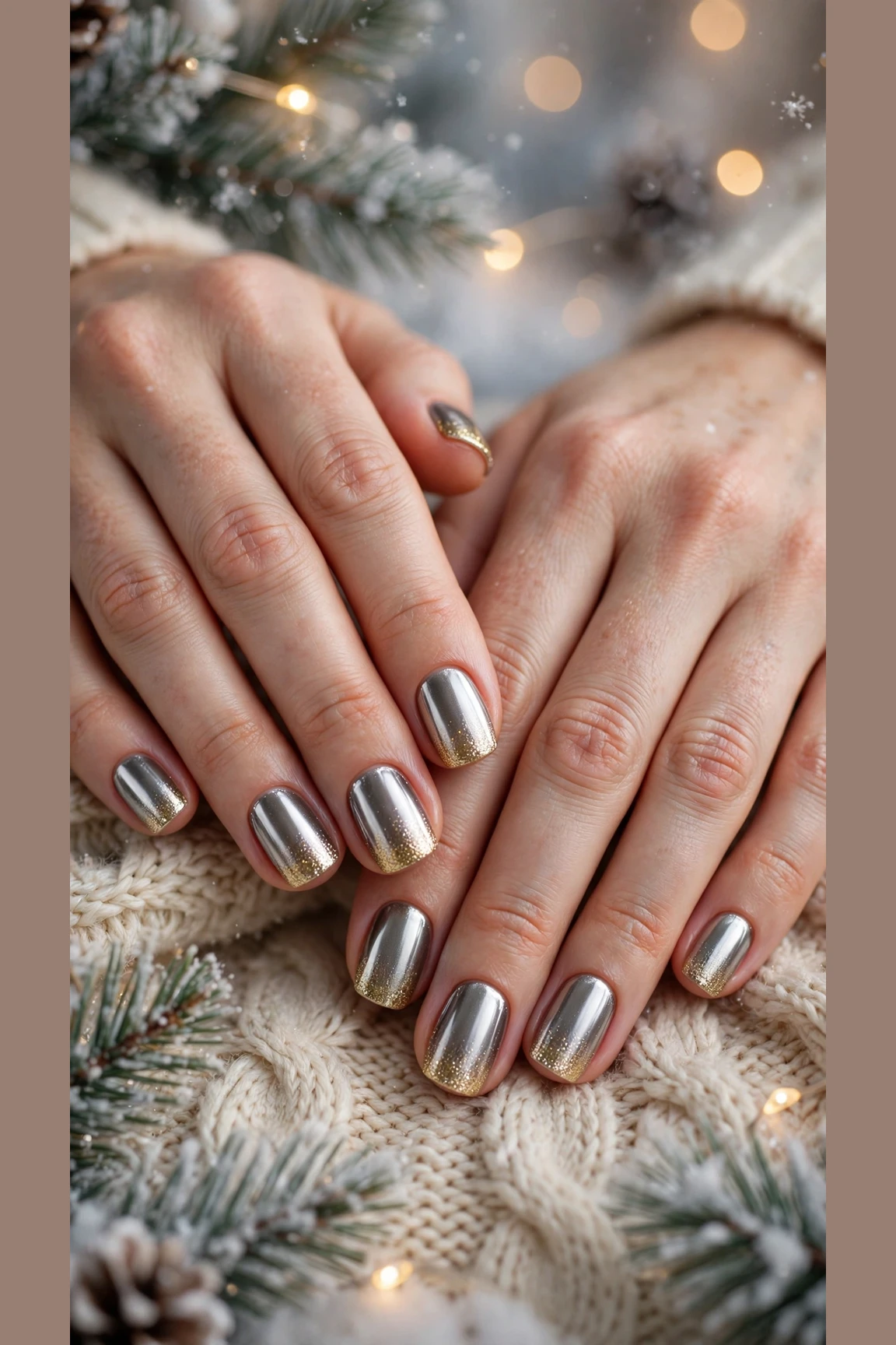 Gold Chrome Nail Designs For Winter Parties With Short Oval Nails On Short Squoval Nails With A Liquid-Metal Shine And A Gold Glitter Gradient Tip