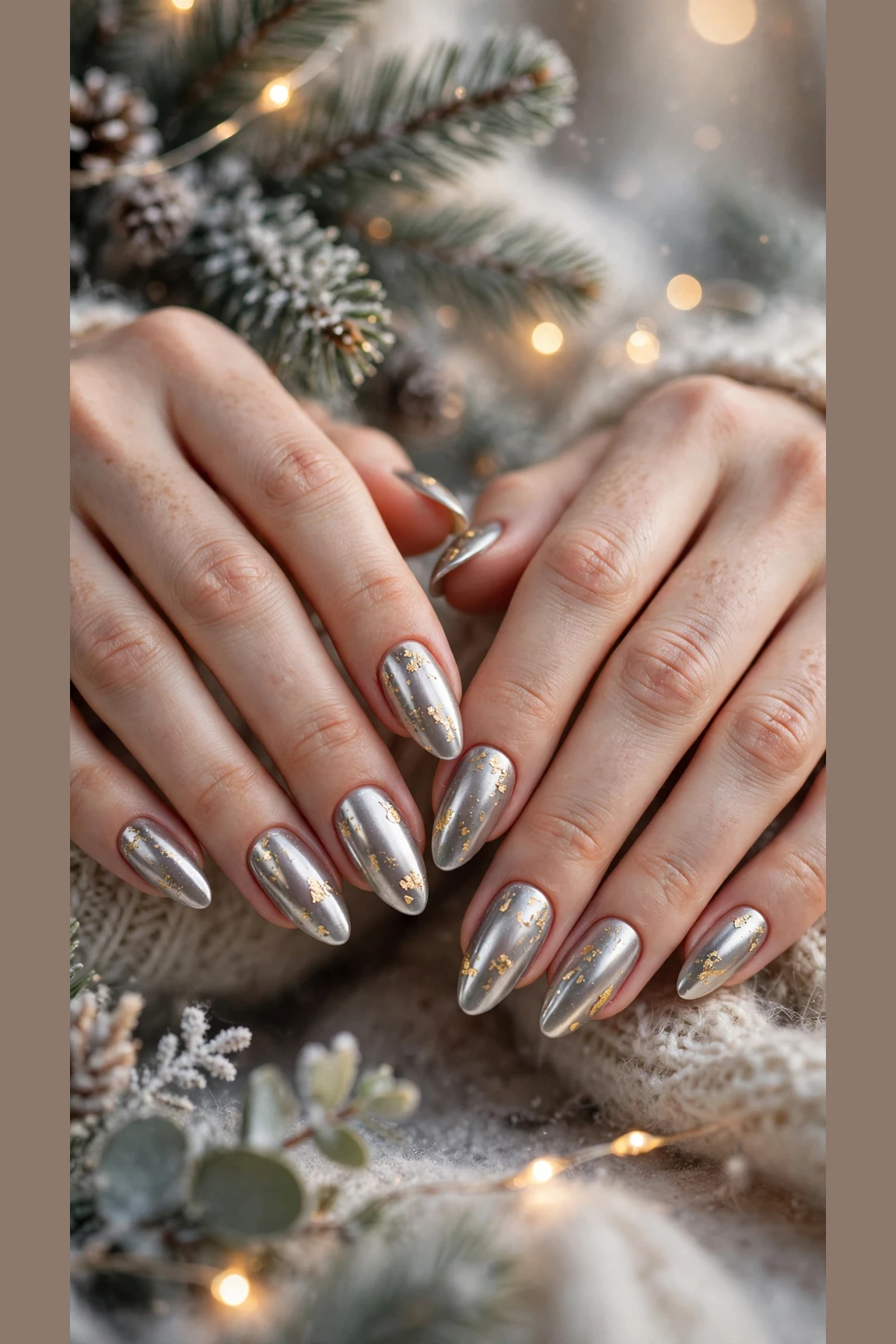 Gold Chrome Nail Designs For Winter Parties With Short Oval Nails On Long Almond Nails With A Satin Chrome Effect And Delicate Gold Foil Flakes