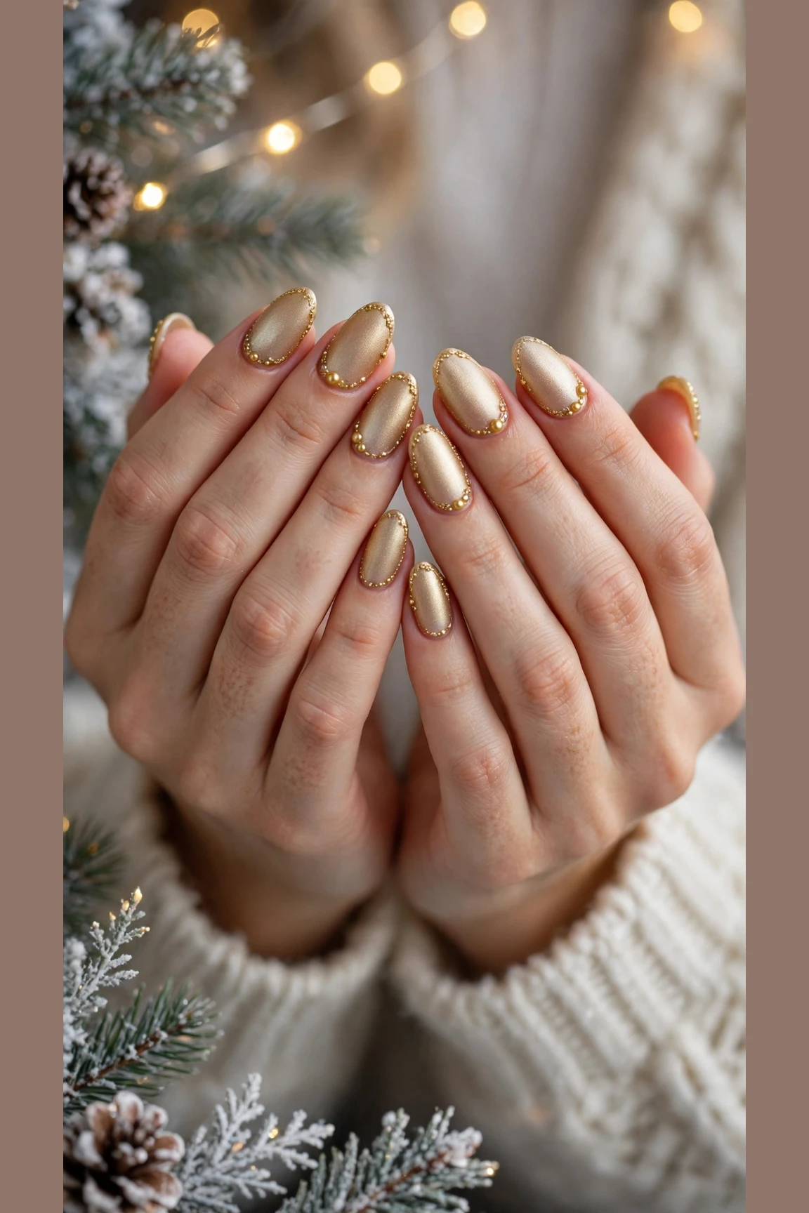Gold Chrome Nail Designs For Winter Parties With Short Oval Nails On Medium Almond Nails With A Frosted Gold Glow And Gold Micro-Bead Details (Variation 10)