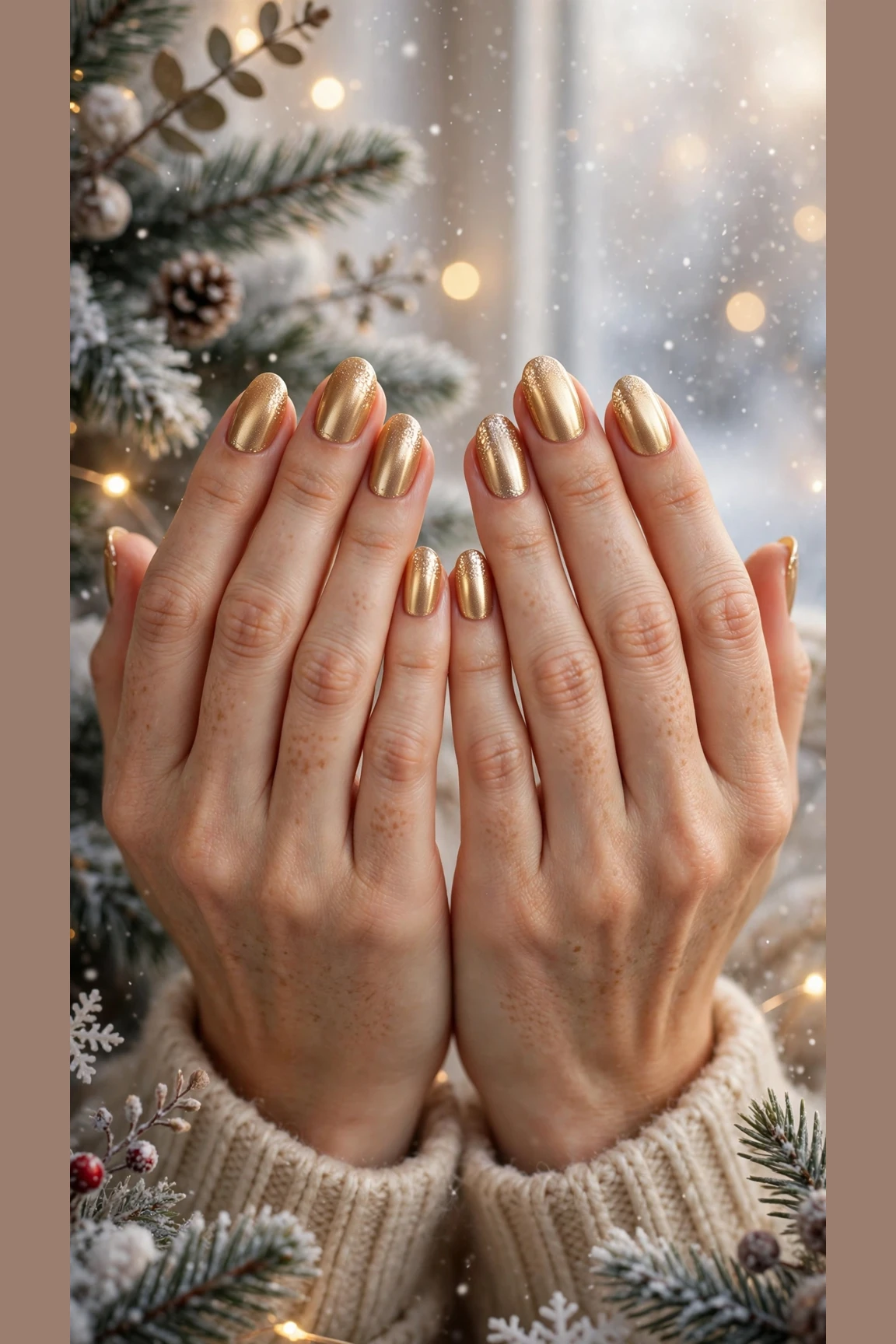 Gold Chrome Nail Designs For Winter Parties With Short Oval Nails On Natural Oval Nails With A Molten Gold Finish And A Champagne Shimmer Accent (Variation 11)