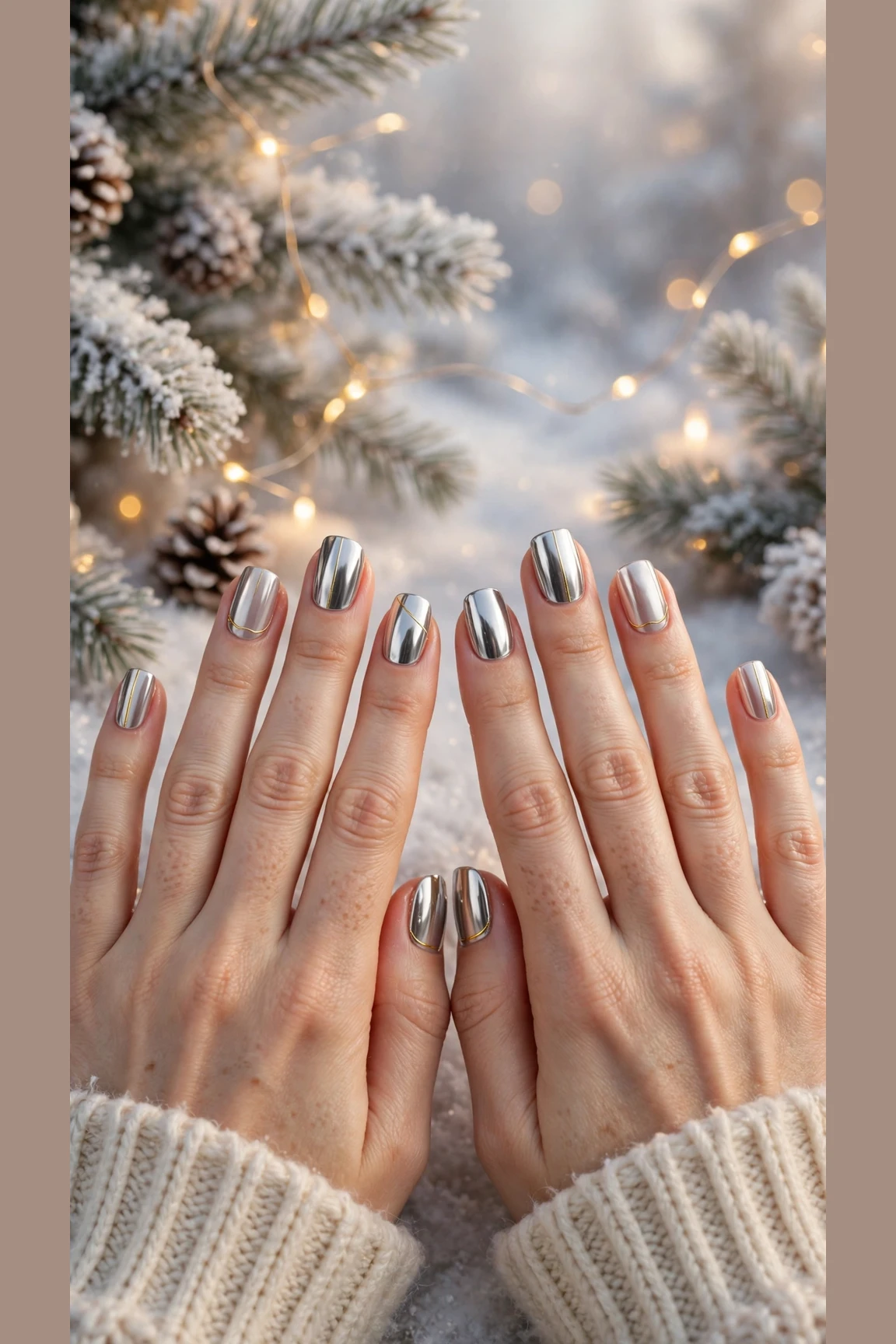 Gold Chrome Nail Designs For Winter Parties With Short Oval Nails On Soft Square Nails With A High-Shine Chrome Finish And Minimal Gold Line Art (Variation 12)