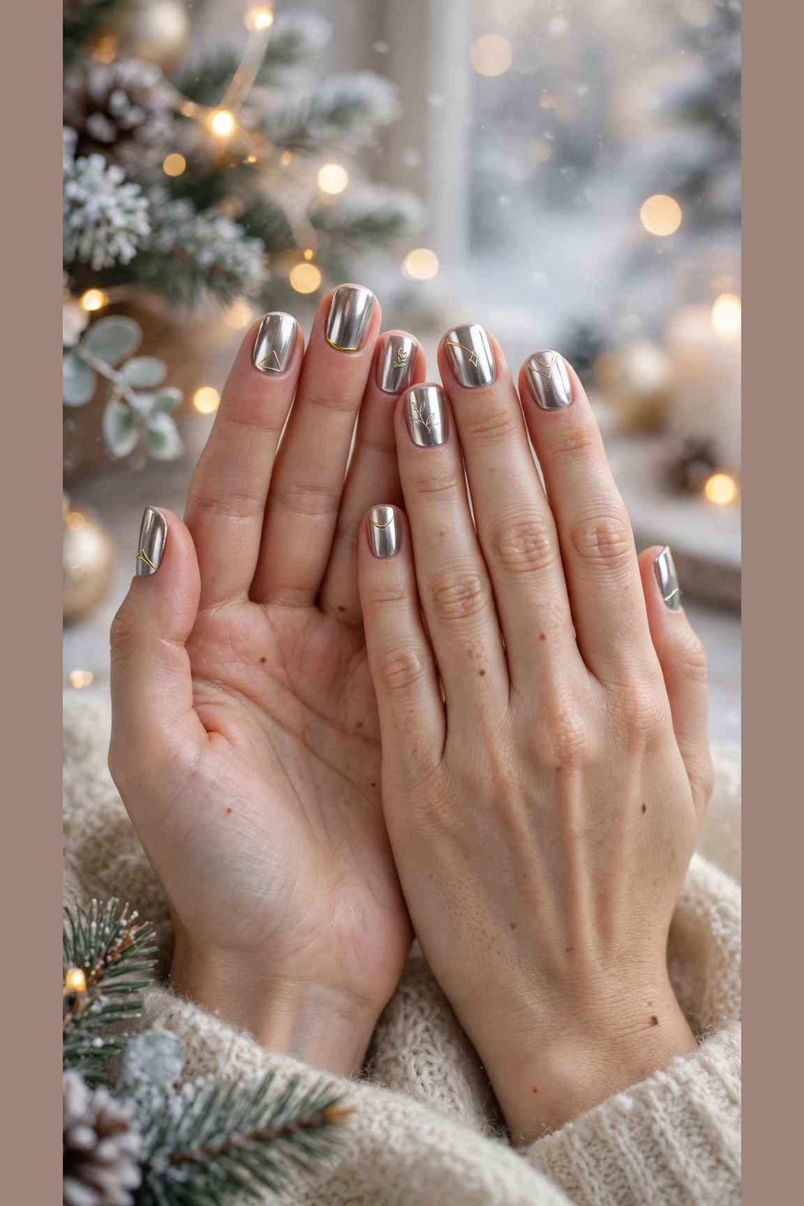Gold Chrome Nail Designs For Winter Parties With Short Oval Nails On Short Squoval Nails With A Liquid-Metal Shine And Minimal Gold Line Art