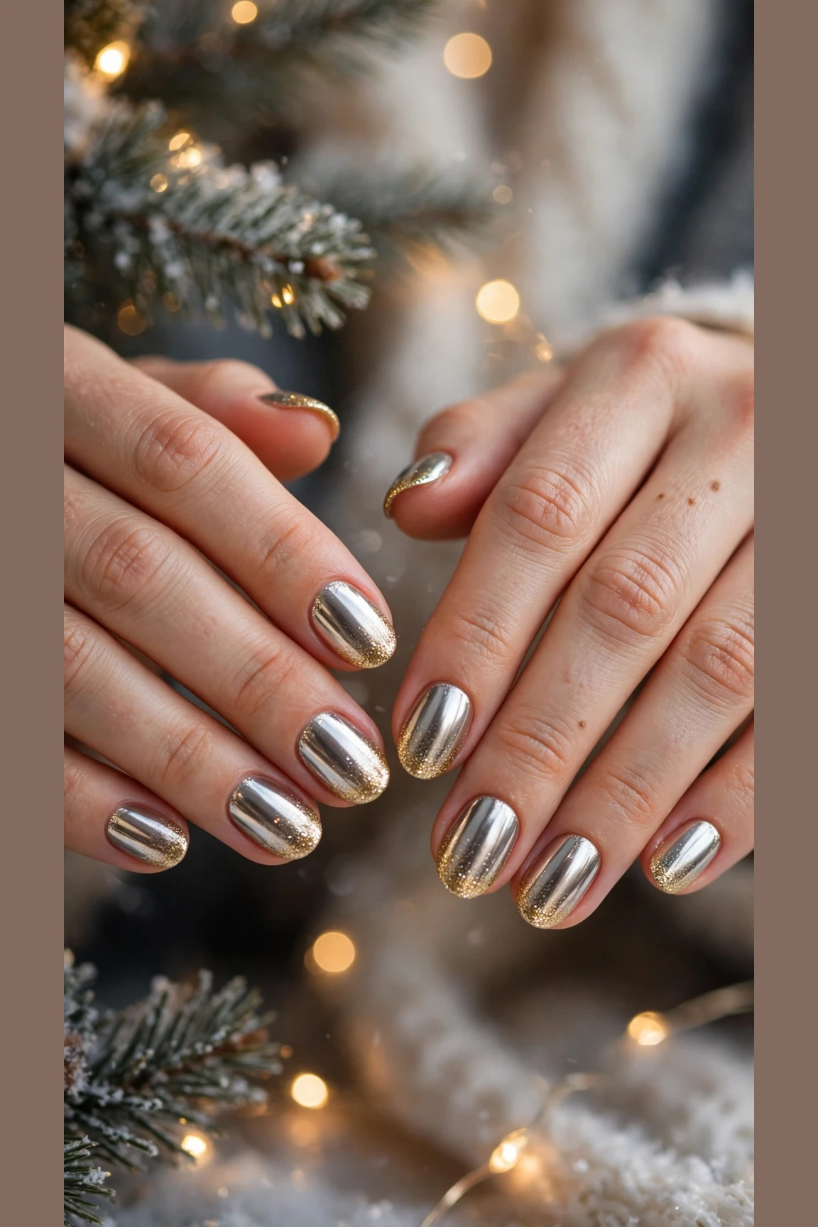 Gold Chrome Nail Designs For Winter Parties With Short Oval Nails On Short Oval Nails With Mirror Chrome Shine And A Gold Glitter Gradient Tip