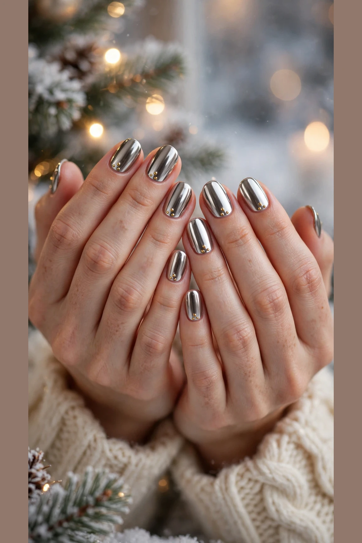 Gold Chrome Nail Designs For Winter Parties With Short Oval Nails On Rounded Nails With A Luxe Polished Chrome And Tiny Gold Stud Details
