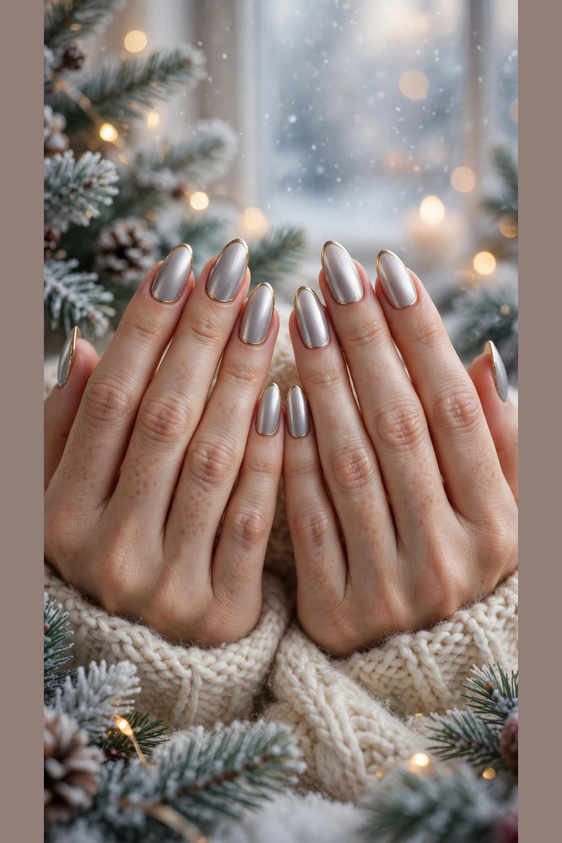 Gold Chrome Nail Designs For Winter Parties With Short Oval Nails On Long Almond Nails With A Satin Chrome Effect And A Thin Gold French Edge