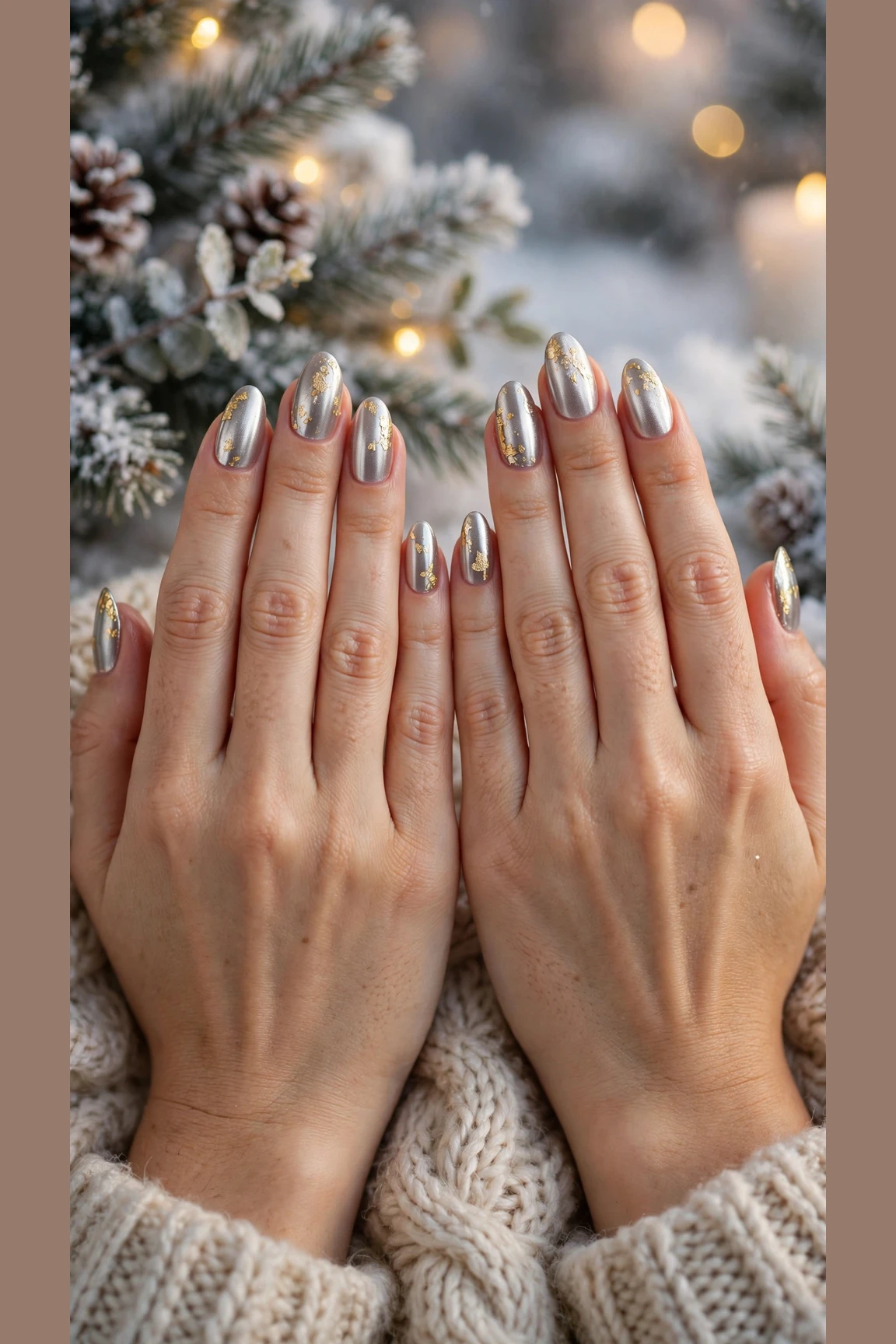 Gold Chrome Nail Designs For Winter Parties With Short Oval Nails On Almond Nails With A Soft Brushed Chrome Glow And Delicate Gold Foil Flakes